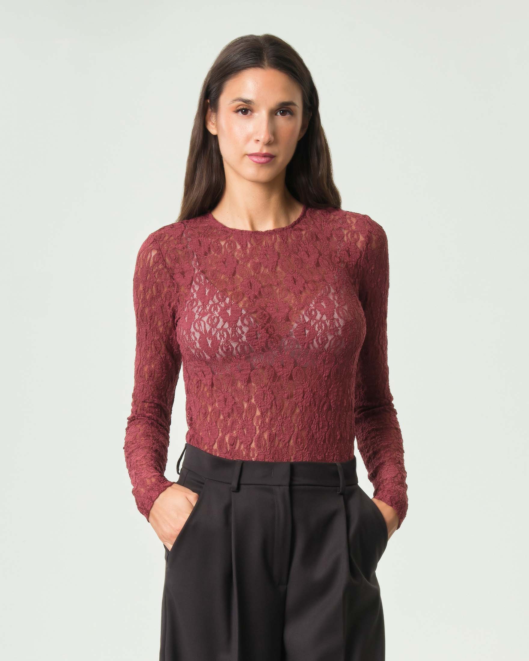 T-shirt Emme Marella bordeaux in jersey di pizzo stretch