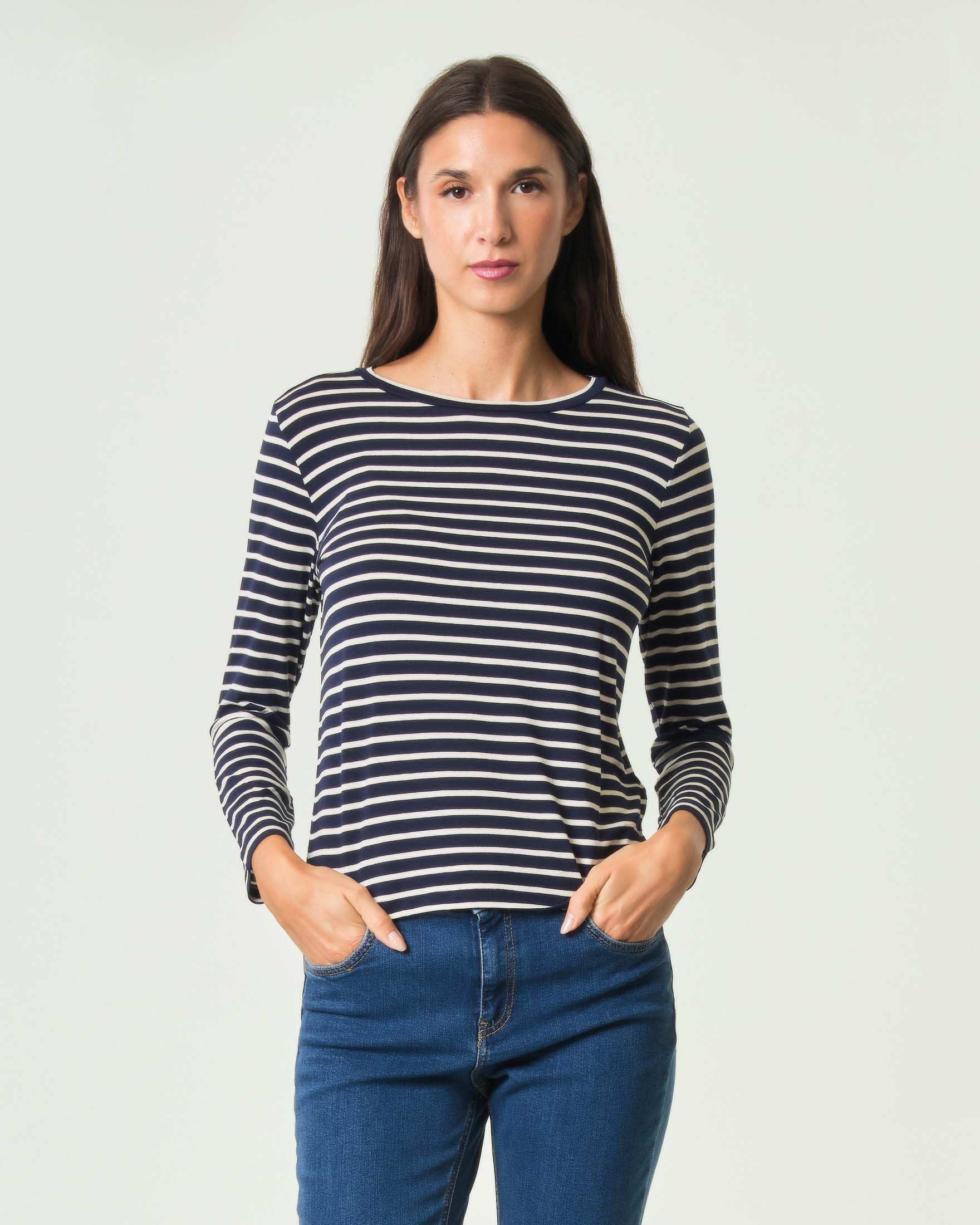 T-shirt Emme Marella blu a righe bianche in jersey di viscosa stretch con maniche a tre quarti