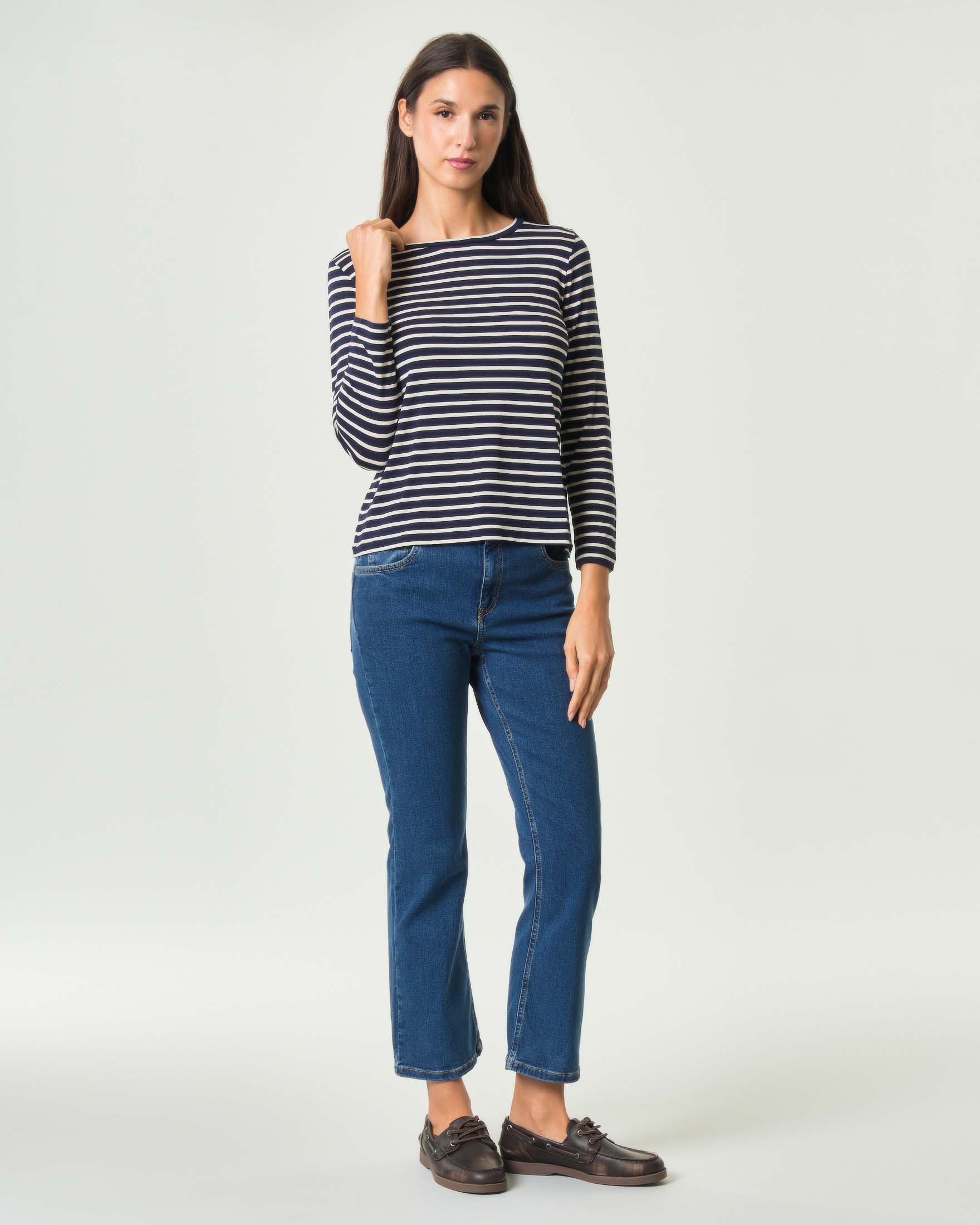 T-shirt Emme Marella blu a righe bianche in jersey di viscosa stretch con maniche a tre quarti image