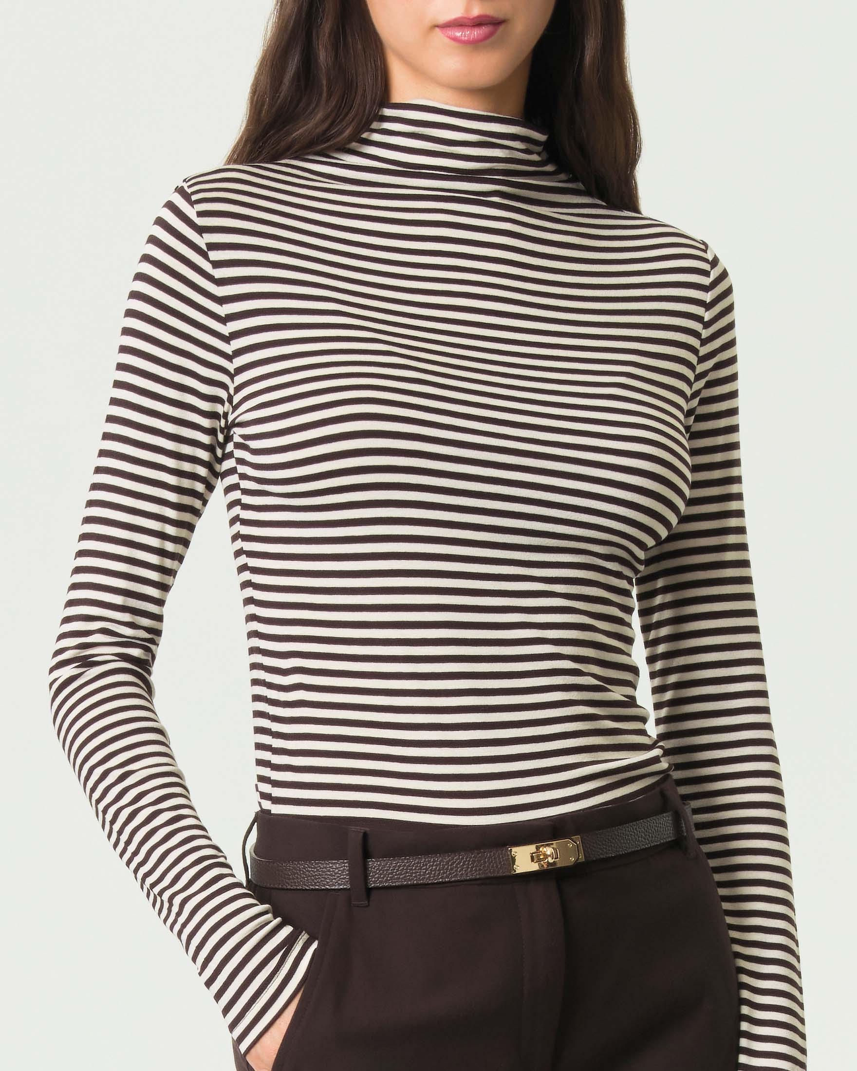 Lupetto Emme Marella marrone a righe bianche in jersey di viscosa stretch image
