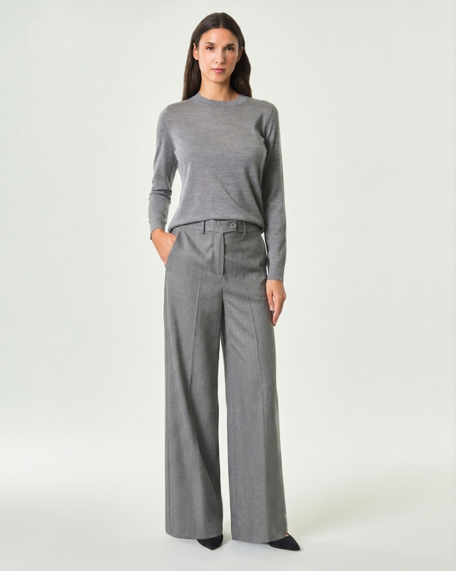 Pantaloni wide leg Marella grigi in misto lana con passanti da cintura e piega stirata