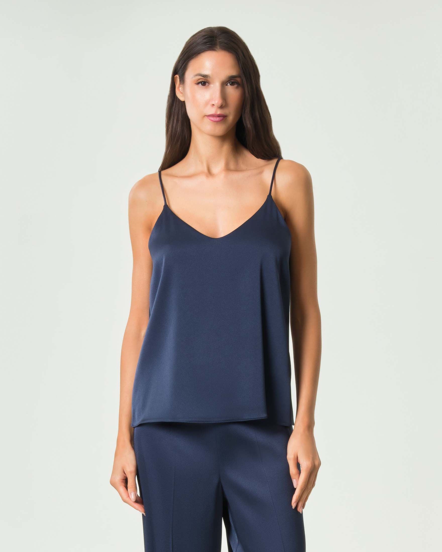 Top Marella blu in satin tecnico con spalline sottili e scollo leggermente a V