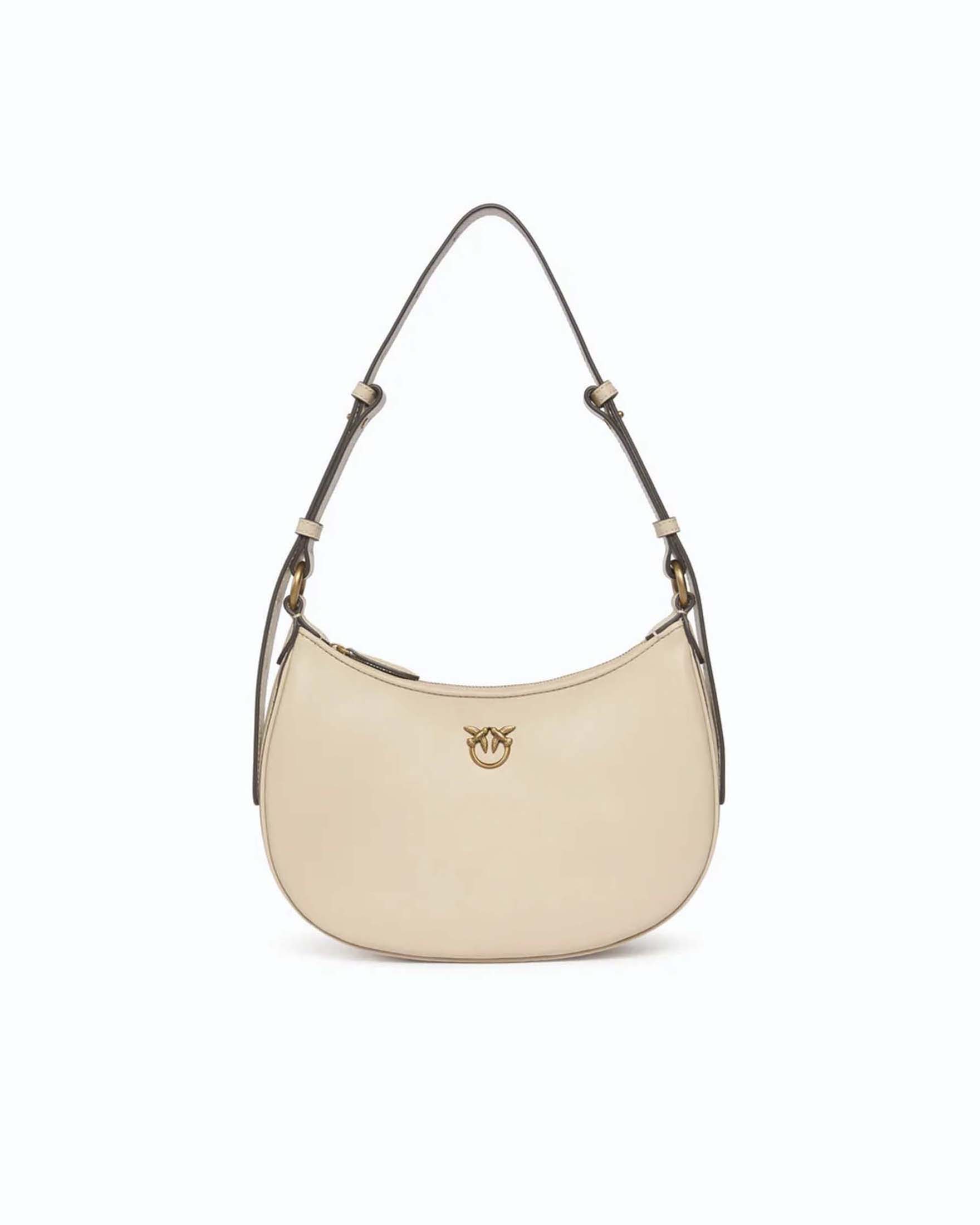 Borsa a spalla piccola Love Bag Half Moon Pinko beige in pelle liscia con dettagli dorati