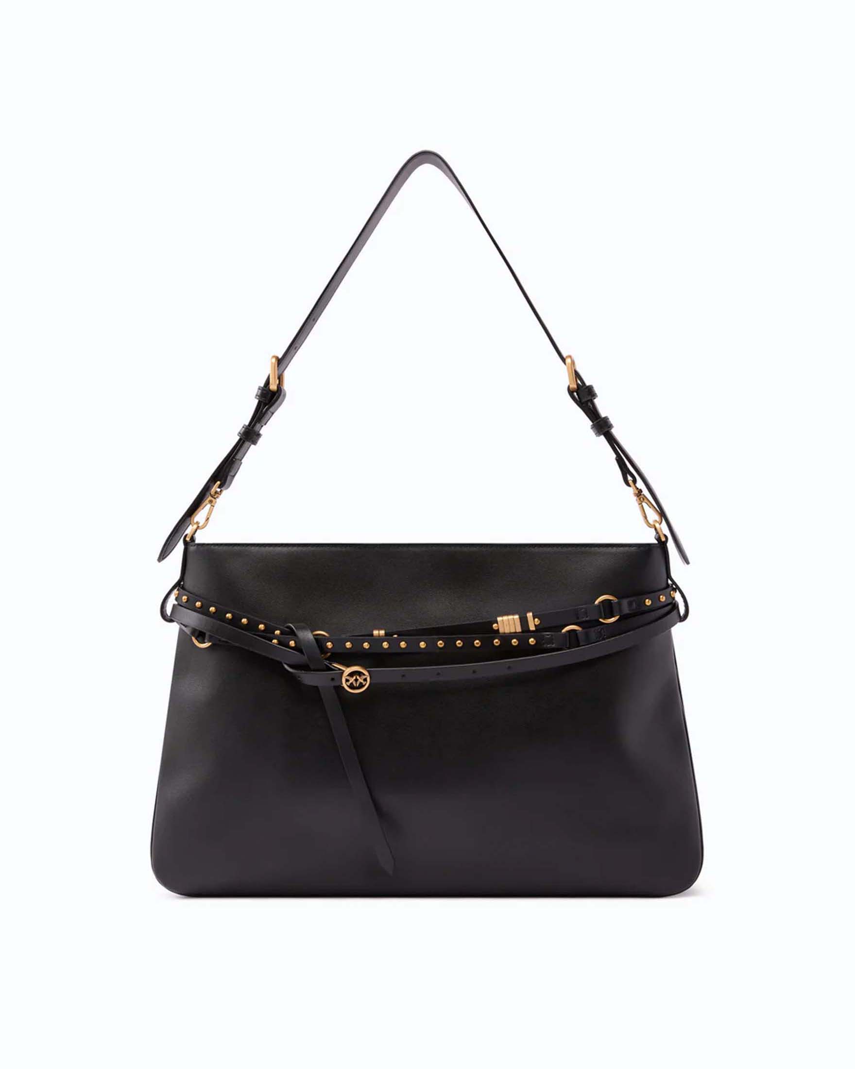 Borsa a spalla grande Belt Bag Pinko nera in pelle liscia con decorazioni metalliche dorate