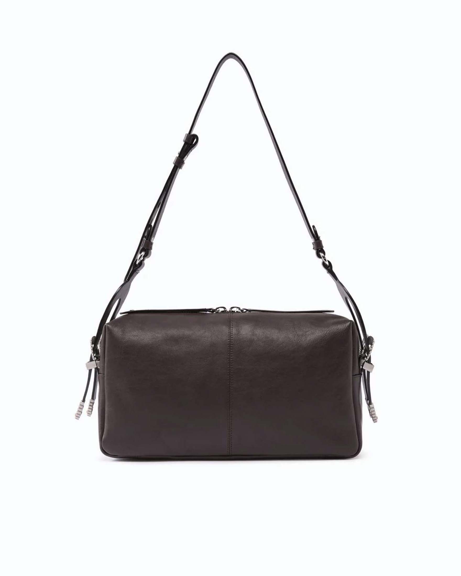 Borsa a tracolla media Keeper Bag Pinko color moro in pelle martellata con logo e fibbie argentati