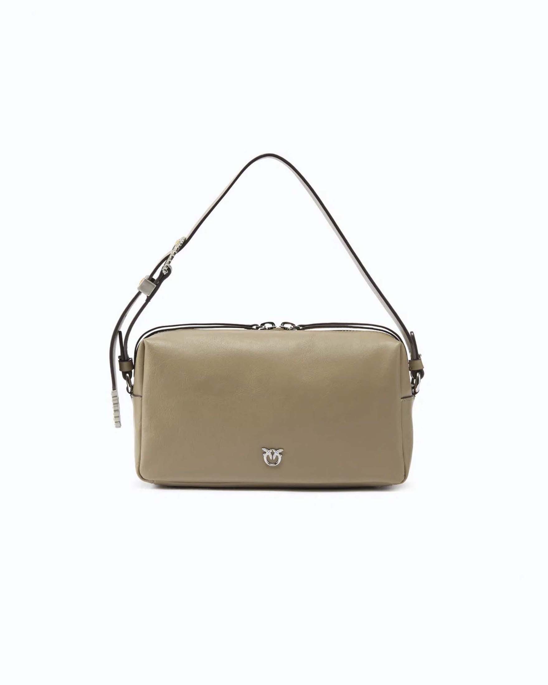 Borsa bauletto a tracolla media Pinko grigia in pelle martellata con fibbia logo argentata