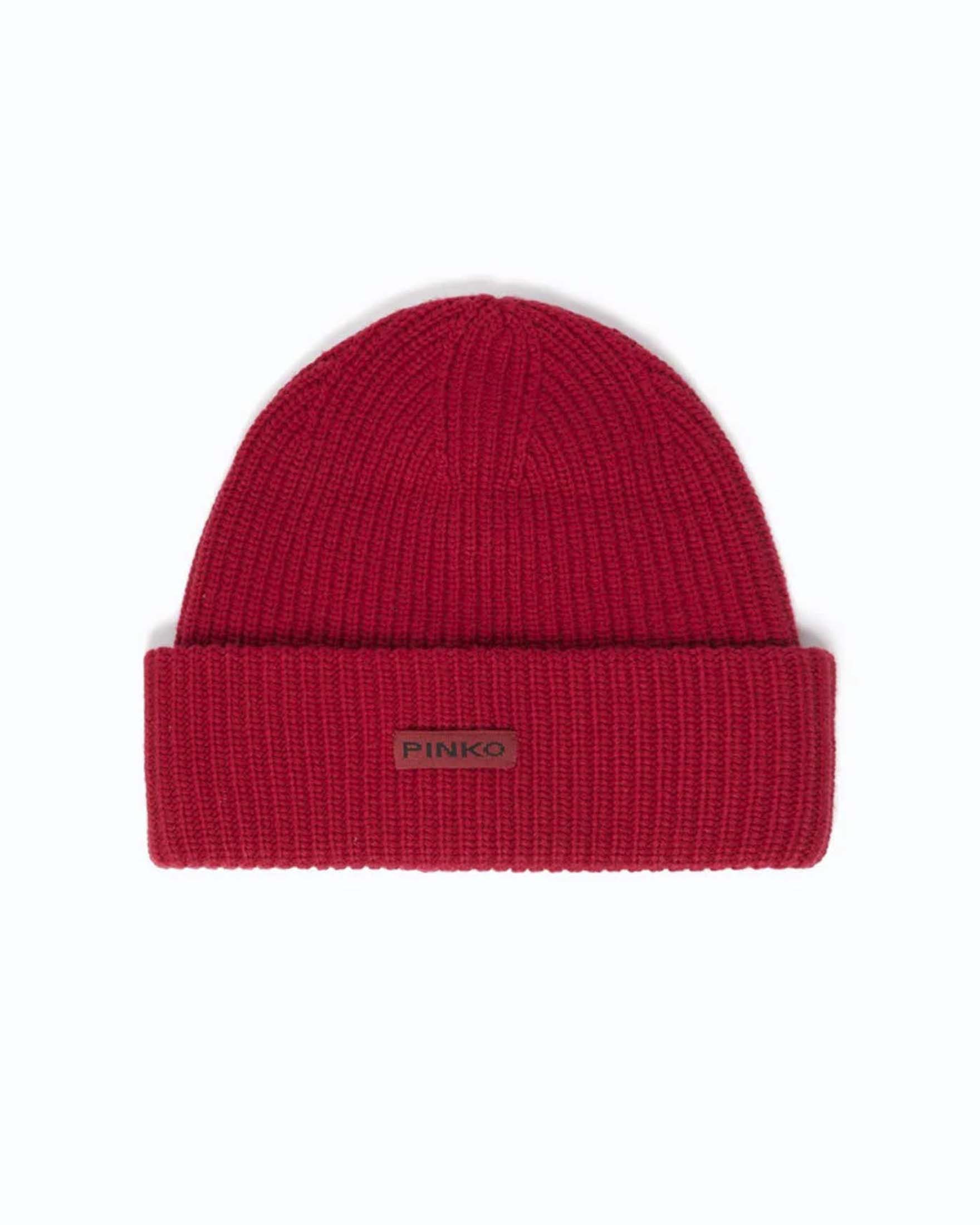 Berretto invernale Pinko rosso in misto cotone lana e cashmere a coste con risvolto e scritta logo