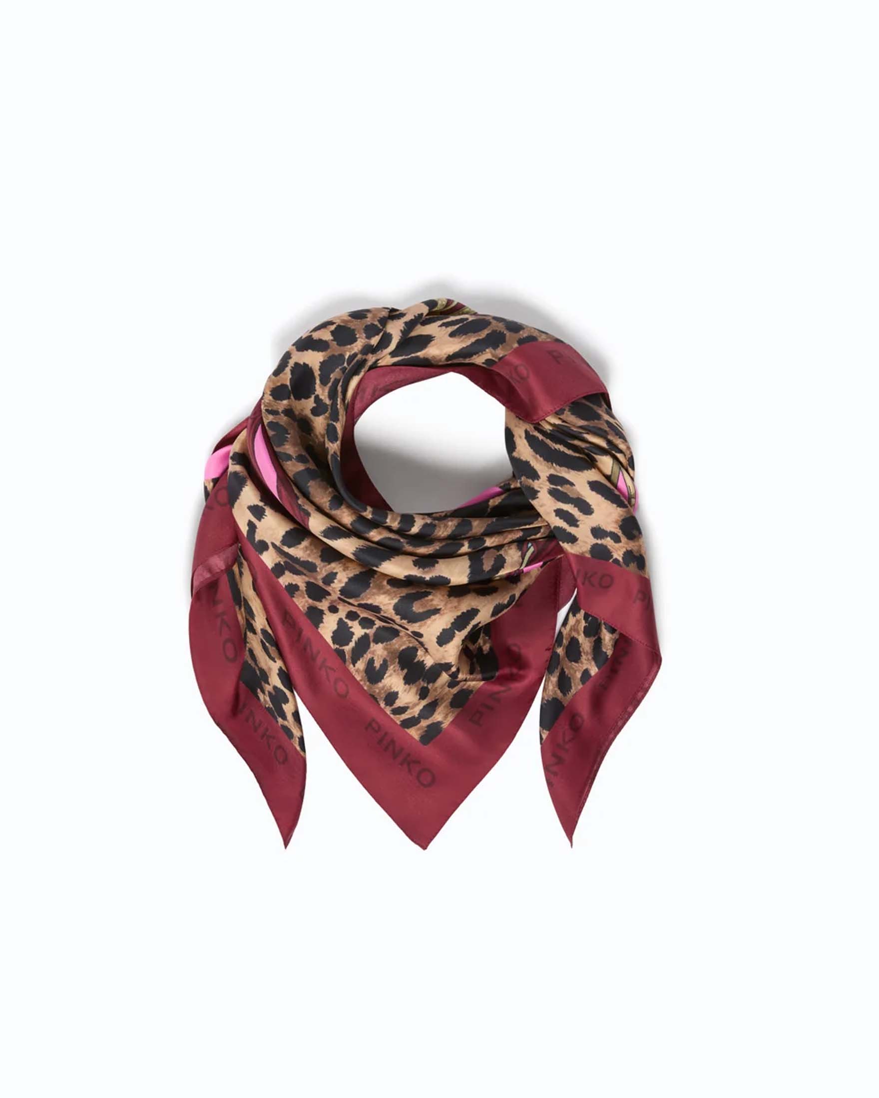 Foulard Pinko beige in twill di misto seta con stampa animalier e bordo bordeaux