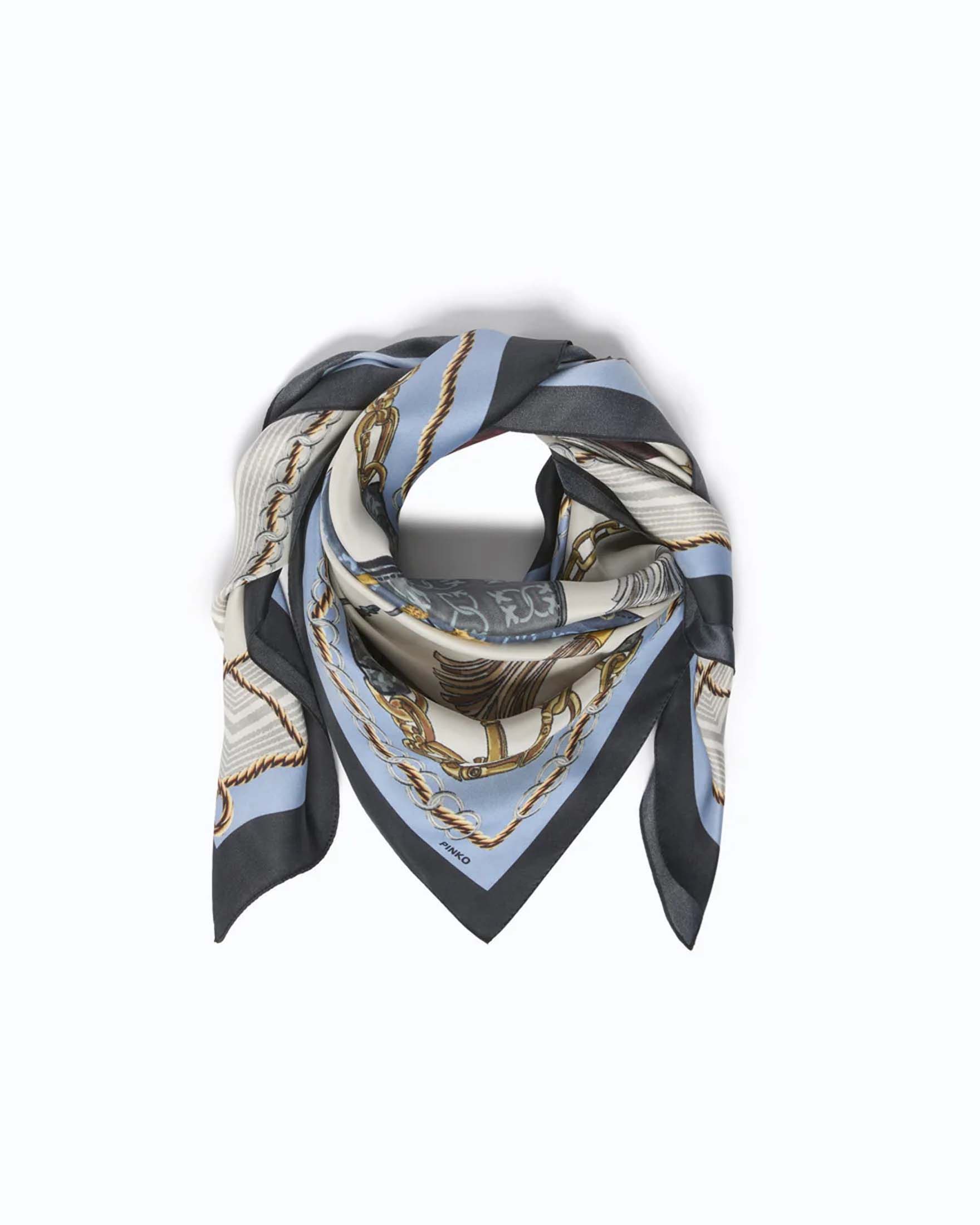 Foulard Pinko azzurro e crema in twill di misto seta con stampa borse all over