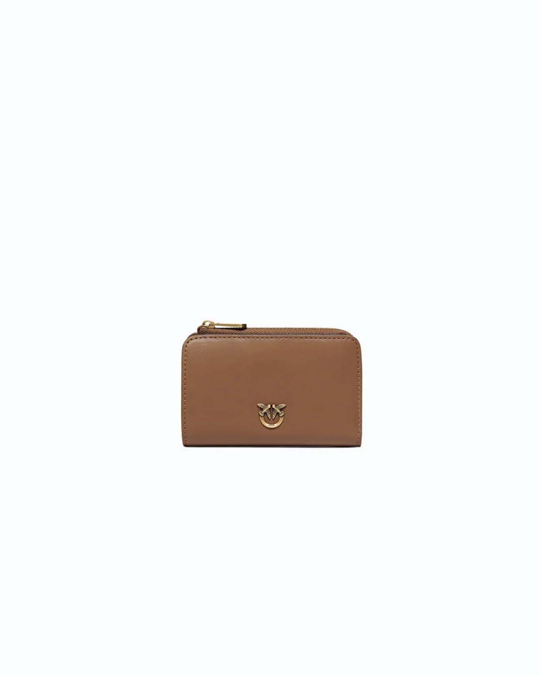 Portafoglio compatto Pinko color cognac in pelle liscia con fibbia Love Birds dorata