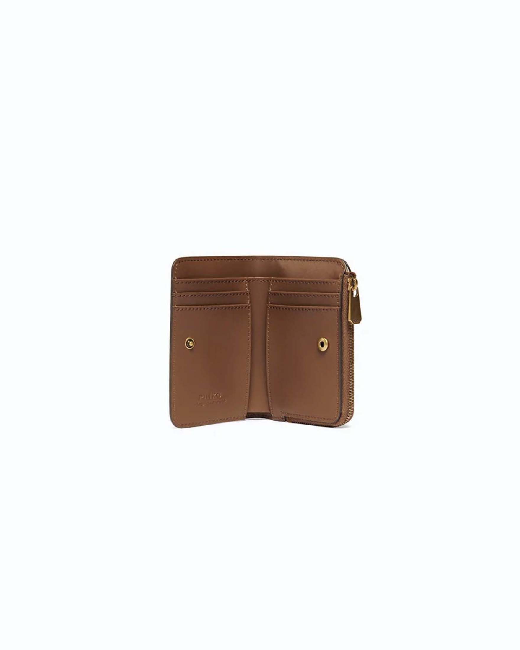 Portafoglio compatto Pinko color cognac in pelle liscia con fibbia Love Birds dorata image