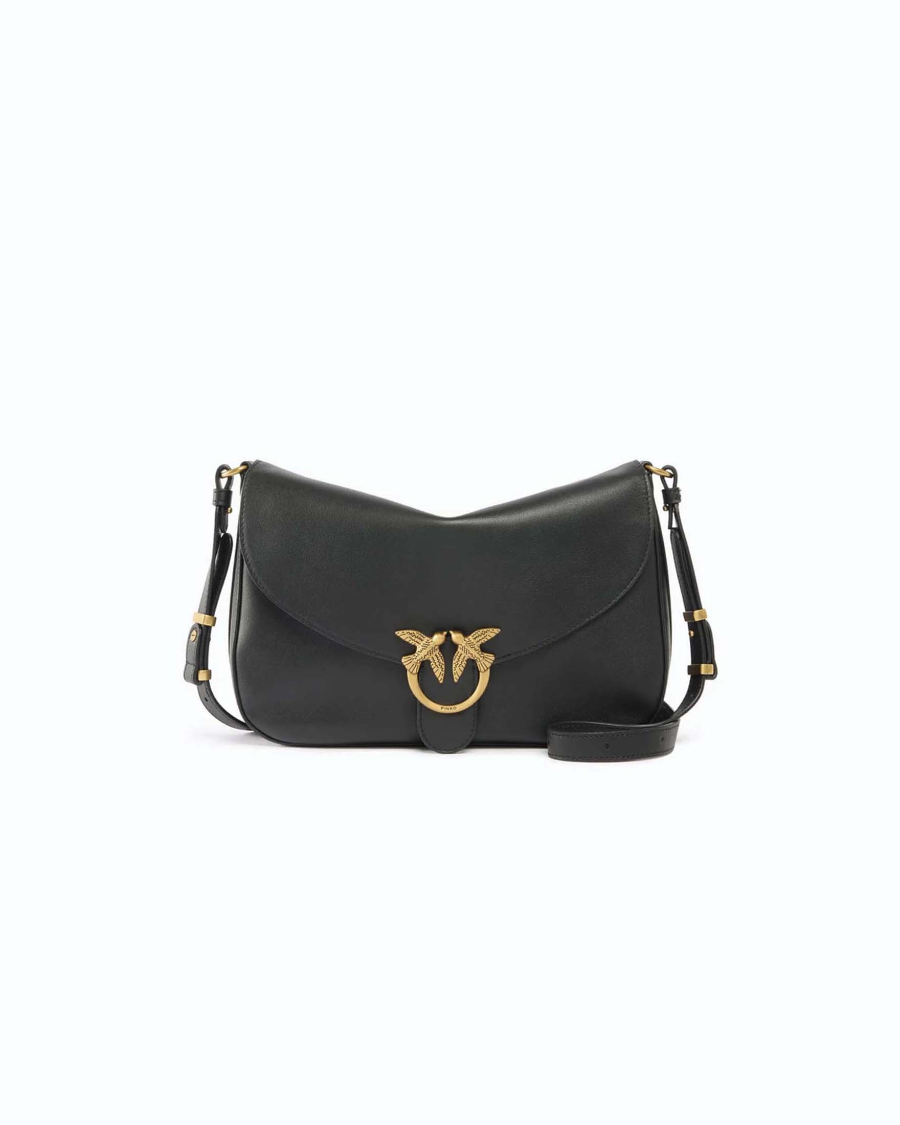Borsa Love Satchel Classic Pinko nera in pelle con logo Love Birds dorato e tracolla regolabile