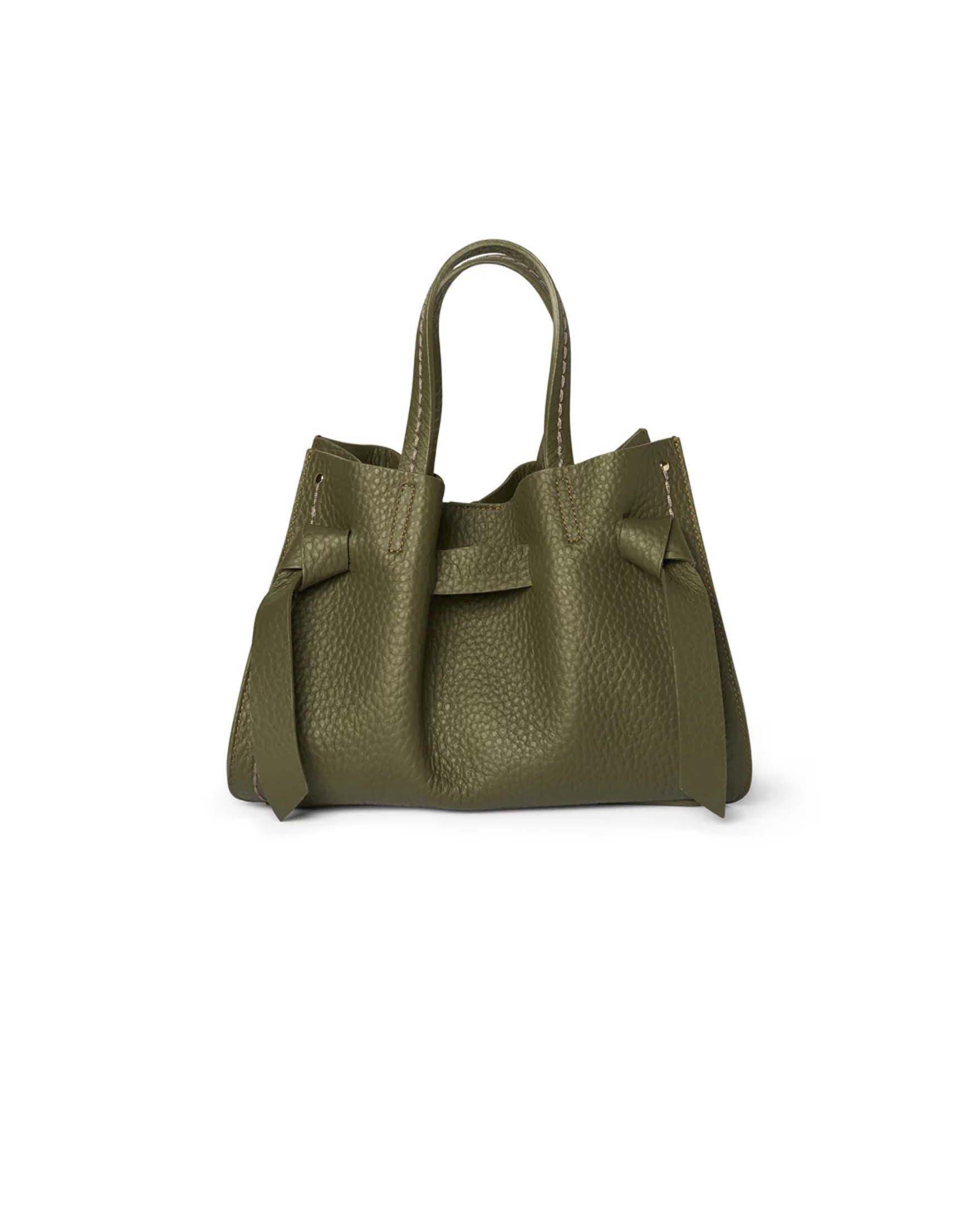 Borsa a mano piccola Vittoria Visonà verde in pelle martellata con inserto nodi e impunture a contrasto