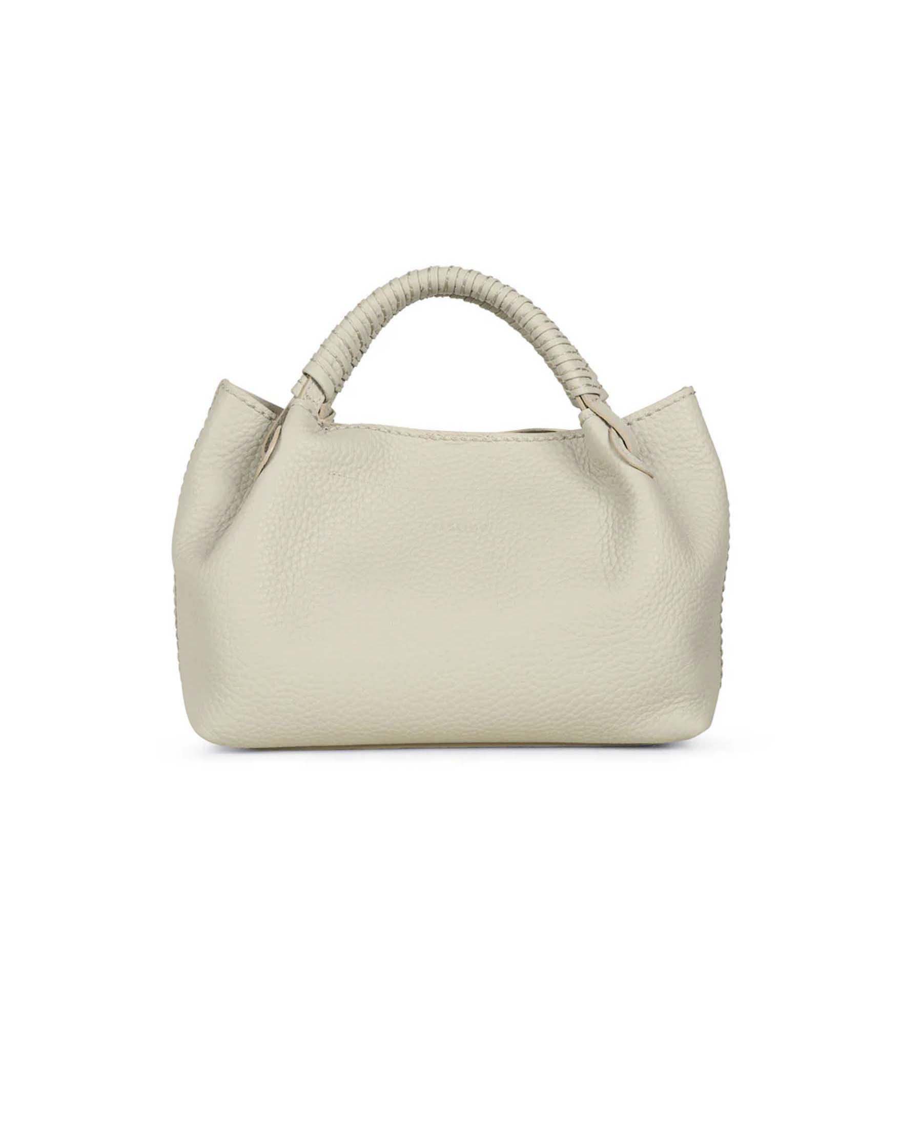 Borda a mano Mia Visonà beige in pelle martellata con manico intrecciato e pouch removibile