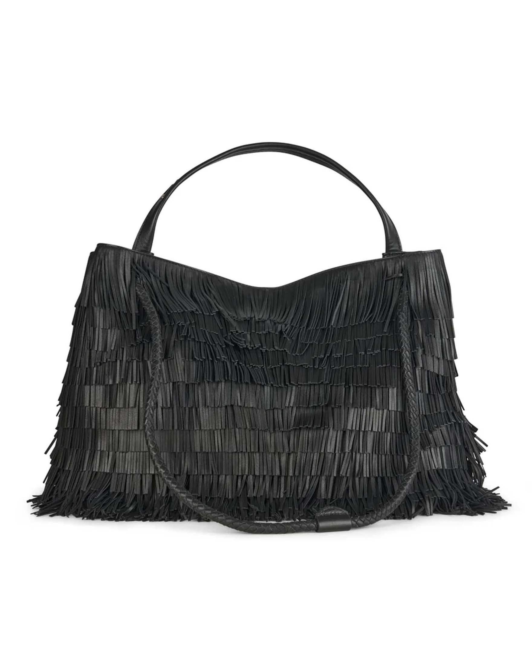 Borsa grande Diletta Visonà testa di moro in morbida nappa con frange e tracolla removibile