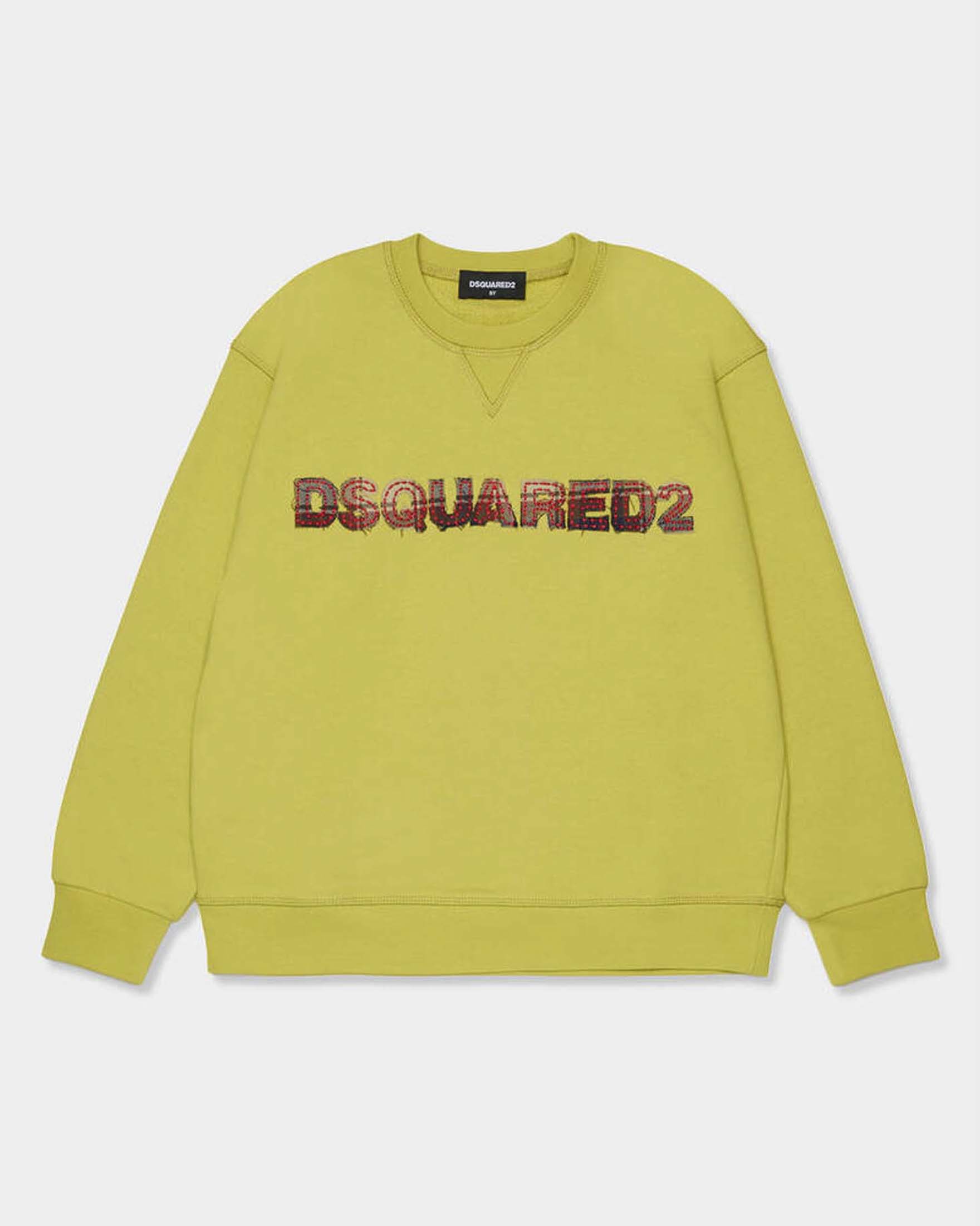 Felpa Dsquared2 gialla lime in puro cotone con scritta logo tartan