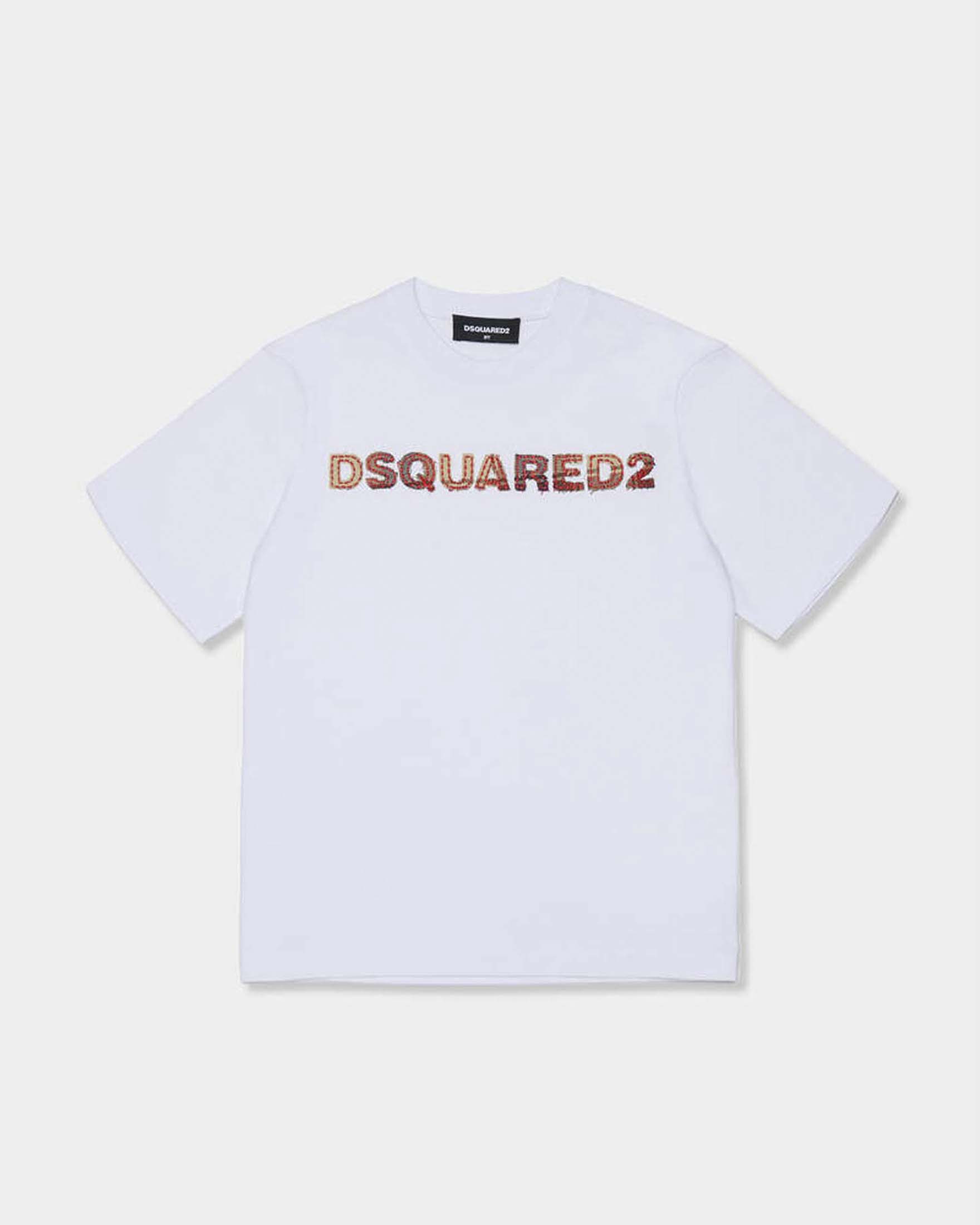 T-shirt Dsquared2 bianca in puro cotone con scritta logo tartan
