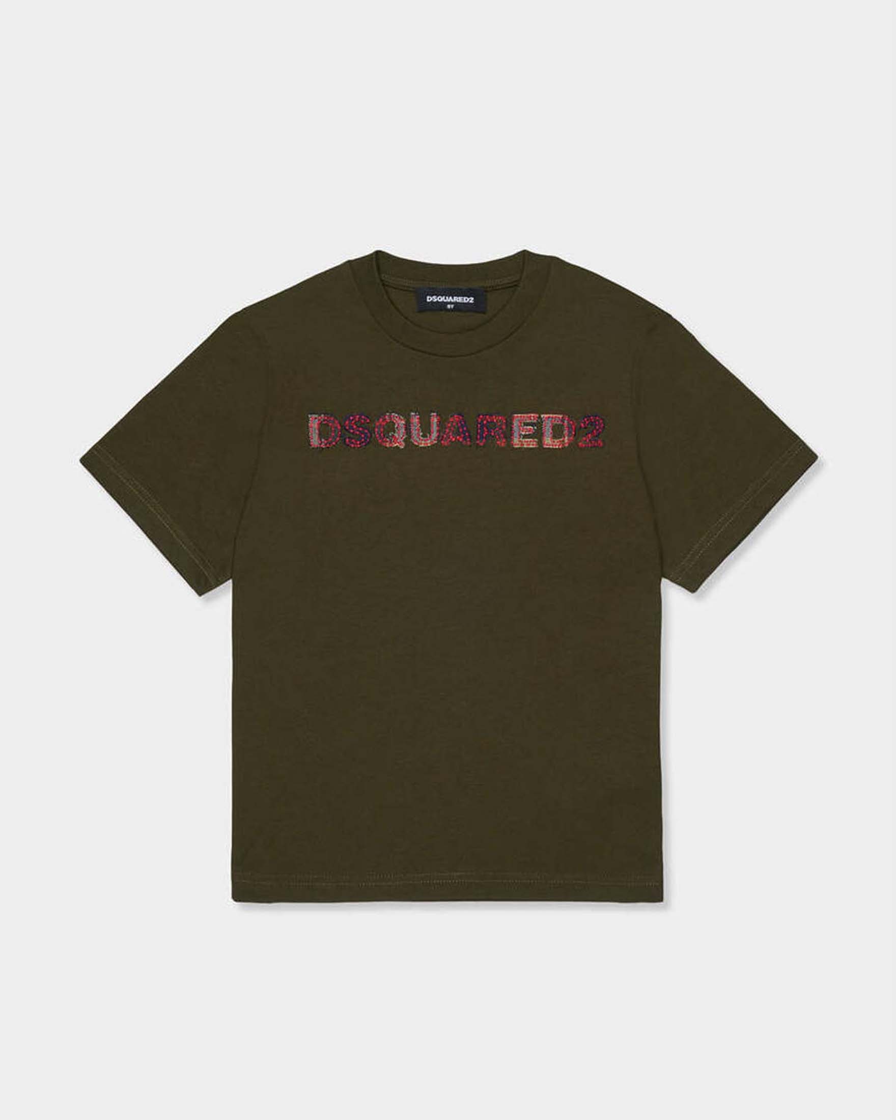 T-shirt Dsquared2 verde militare in puro cotone con scritta logo tartan