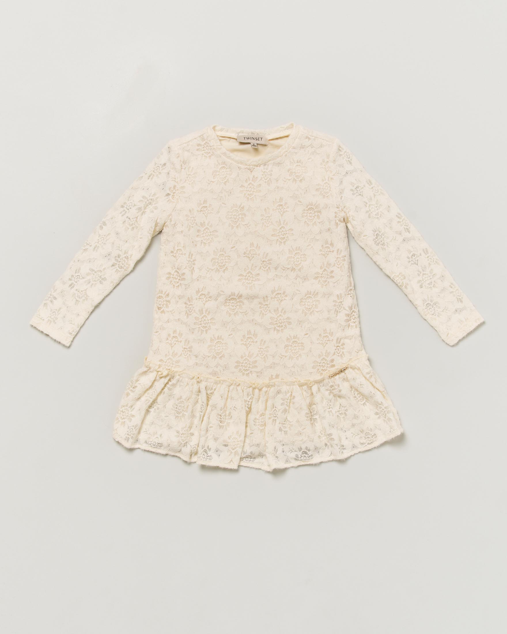 Abito Twinset color panna in pizzo a maniche lunghe con balza sul fondo