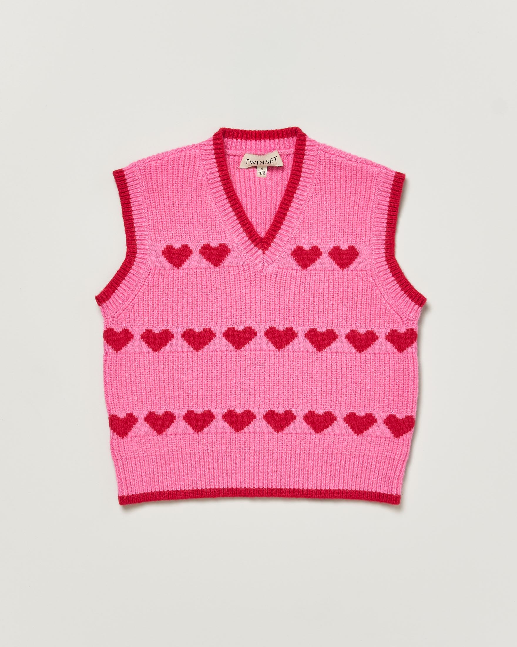 Gilet Twinset rosa in maglia tricot in misto viscosa con dettagli rossi e cuori