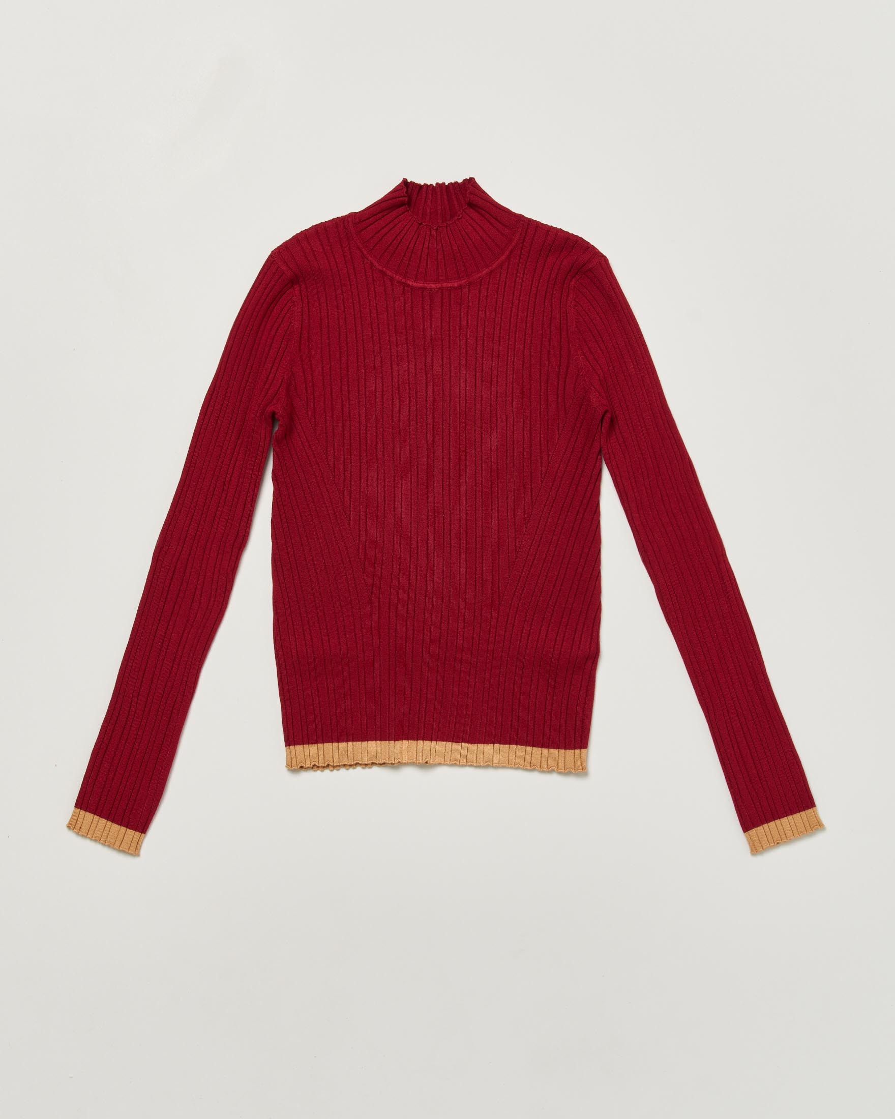 T-shirt Twinset a lupetto bordeaux con maniche lunghe e costine in misto viscosa