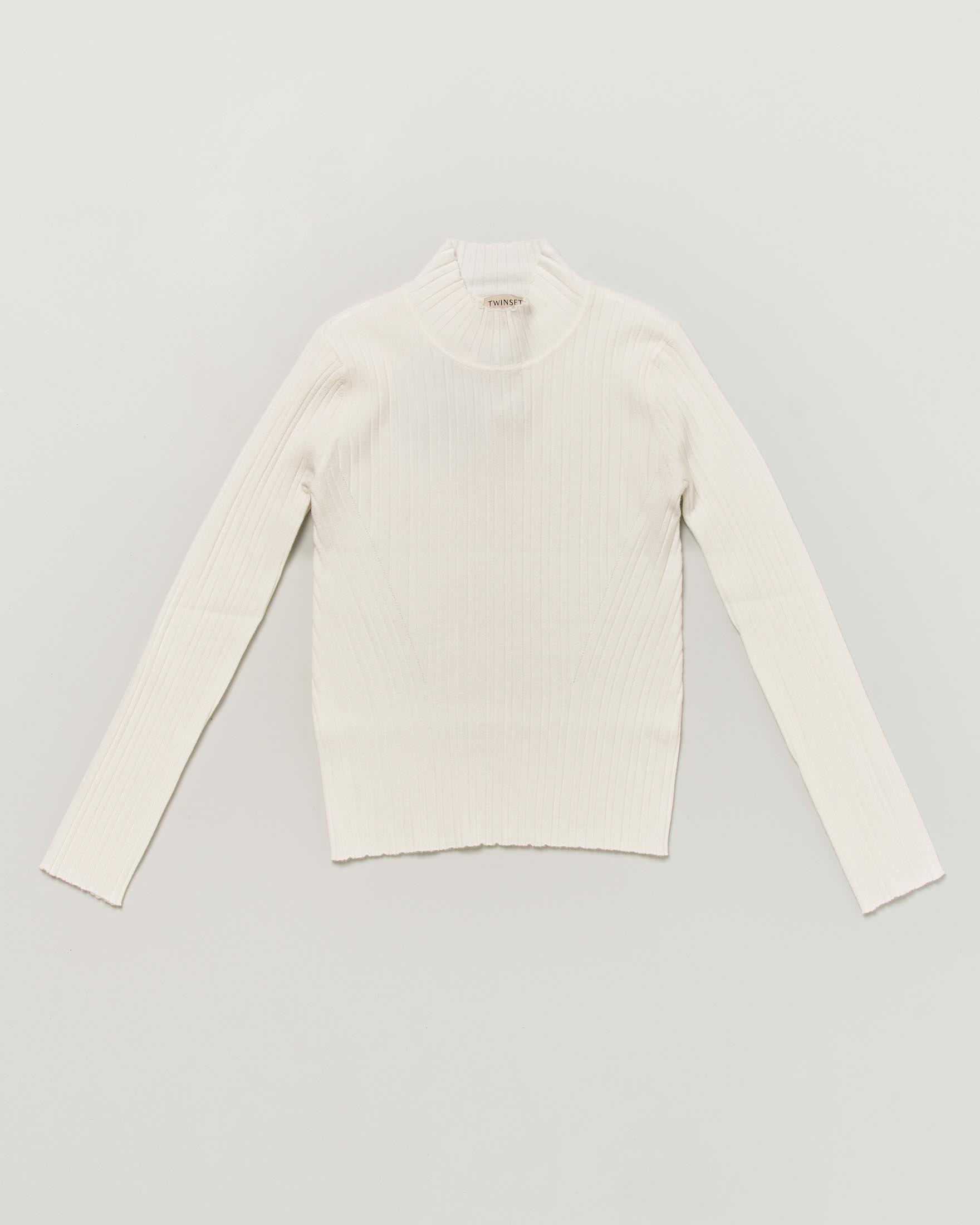 T-shirt Twinset a lupetto color panna con maniche lunghe e costine in misto viscosa