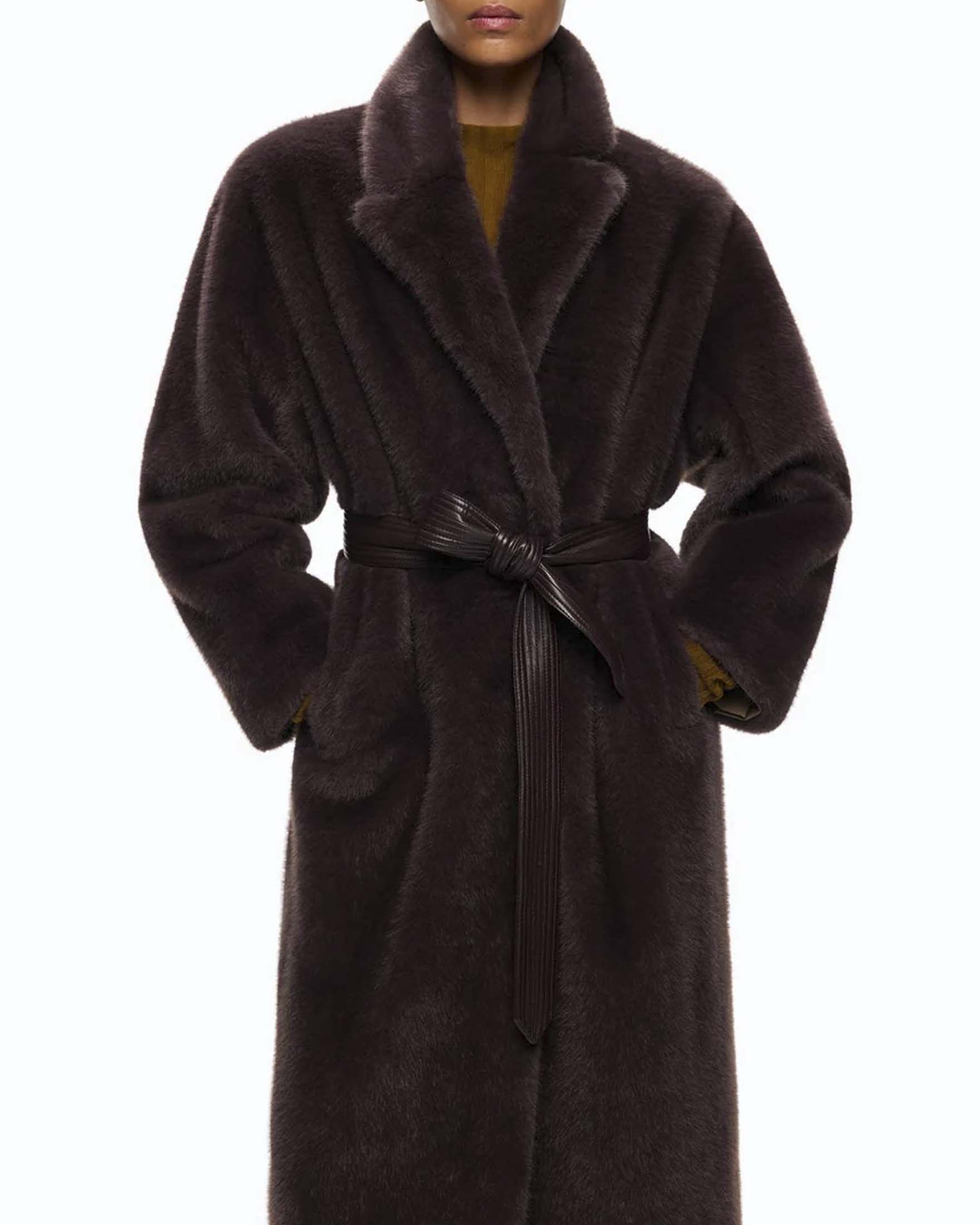 Cappotto lungo Pinko marrone in ecopelliccia Aspen con cintura in similpelle image