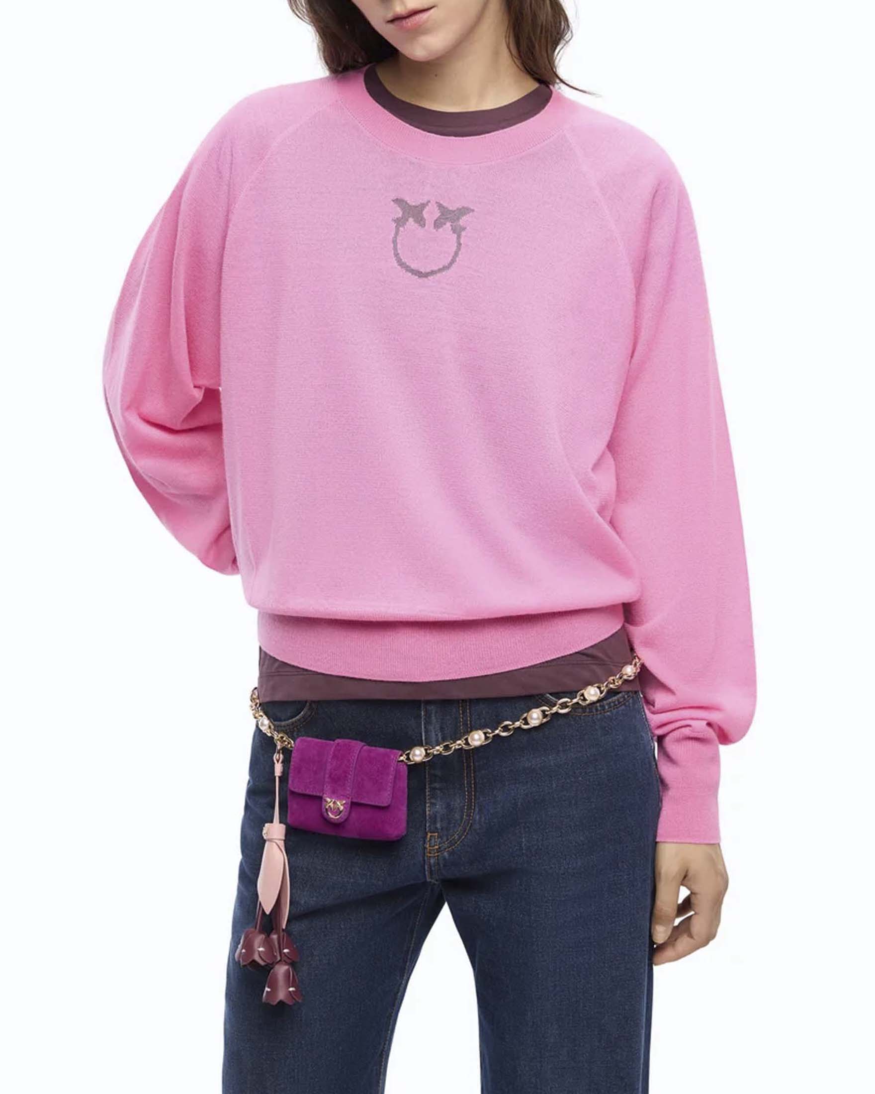 Maglia girocollo Pinko rosa in pura lana merino con logo Love Birds dévoré