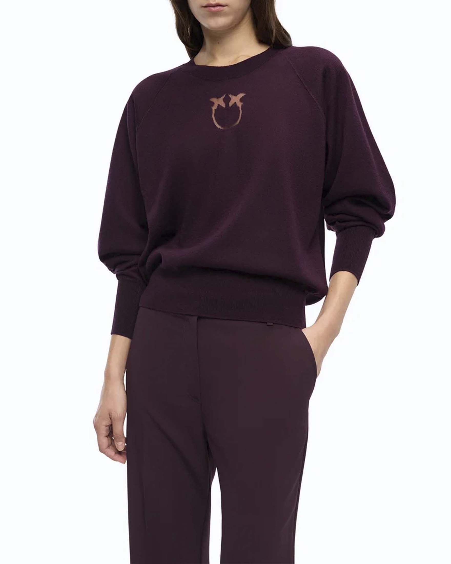 Maglia girocollo Pinko bordeaux in pura lana merino con logo Love Birds dévoré