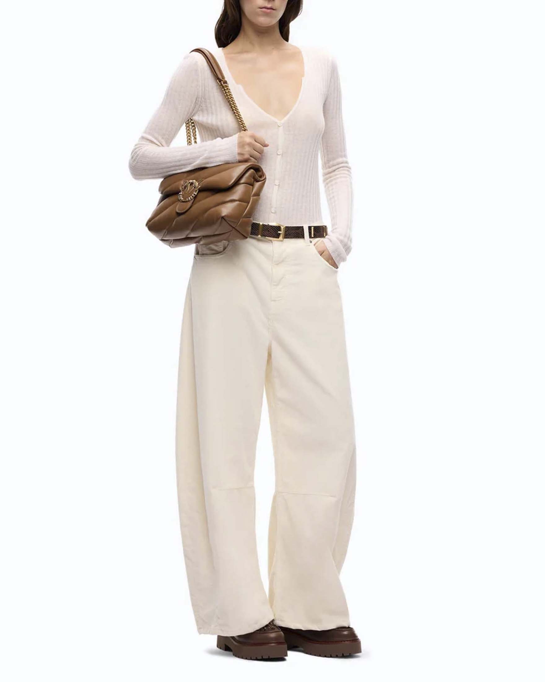 Jeans barrel Pinko avorio in bull di cotone con tintura old e cuciture ergonomiche