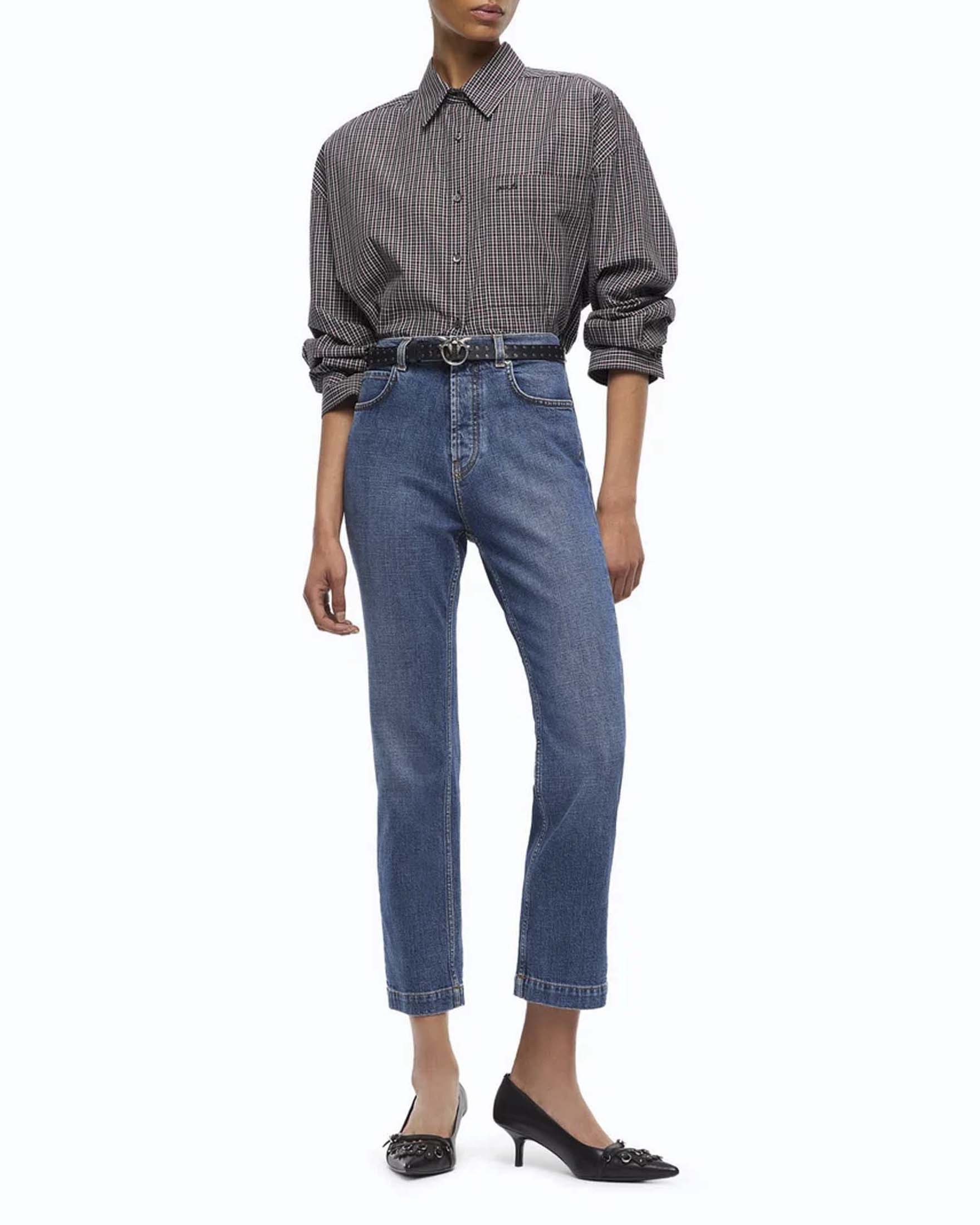 Jeans slim cropped Pinko in denim stretch lavaggio stonewash con logo Love Birds