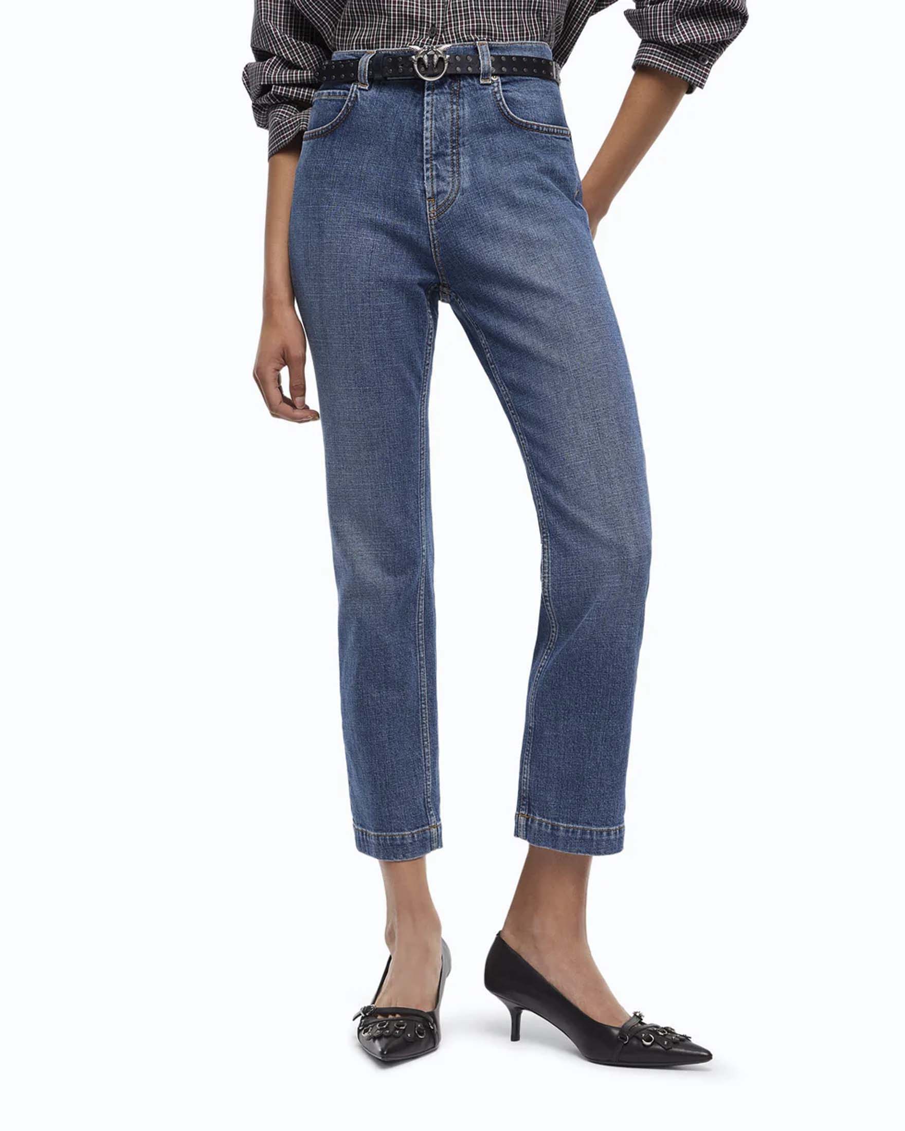 Jeans slim cropped Pinko in denim stretch lavaggio stonewash con logo Love Birds image