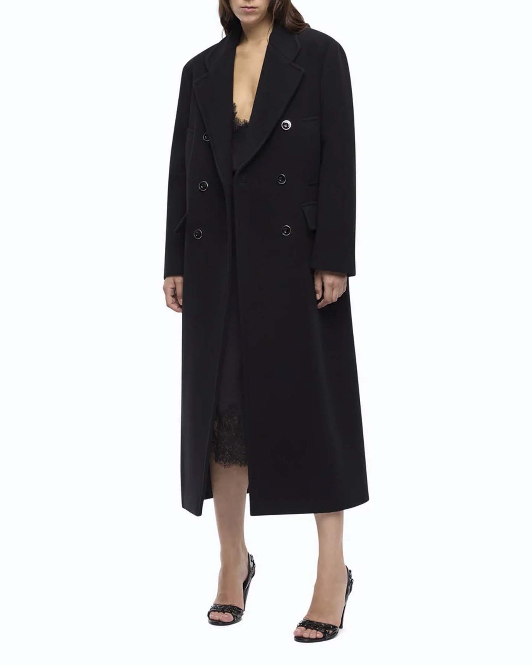 Cappotto doppiopetto lungo Pinko nero in misto lana oversize con tasche e spacco posteriore