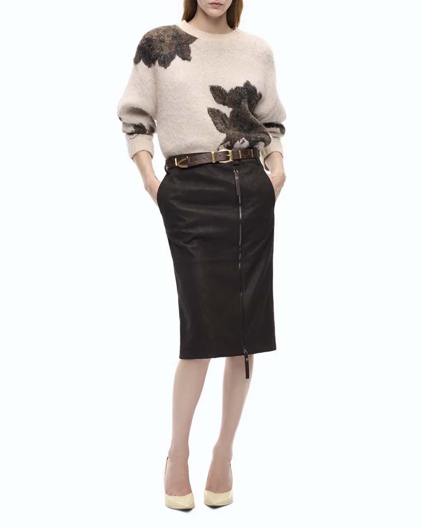 Gonna longuette a matita Pinko color moro in similpelle con chiusura zip frontale decentrata