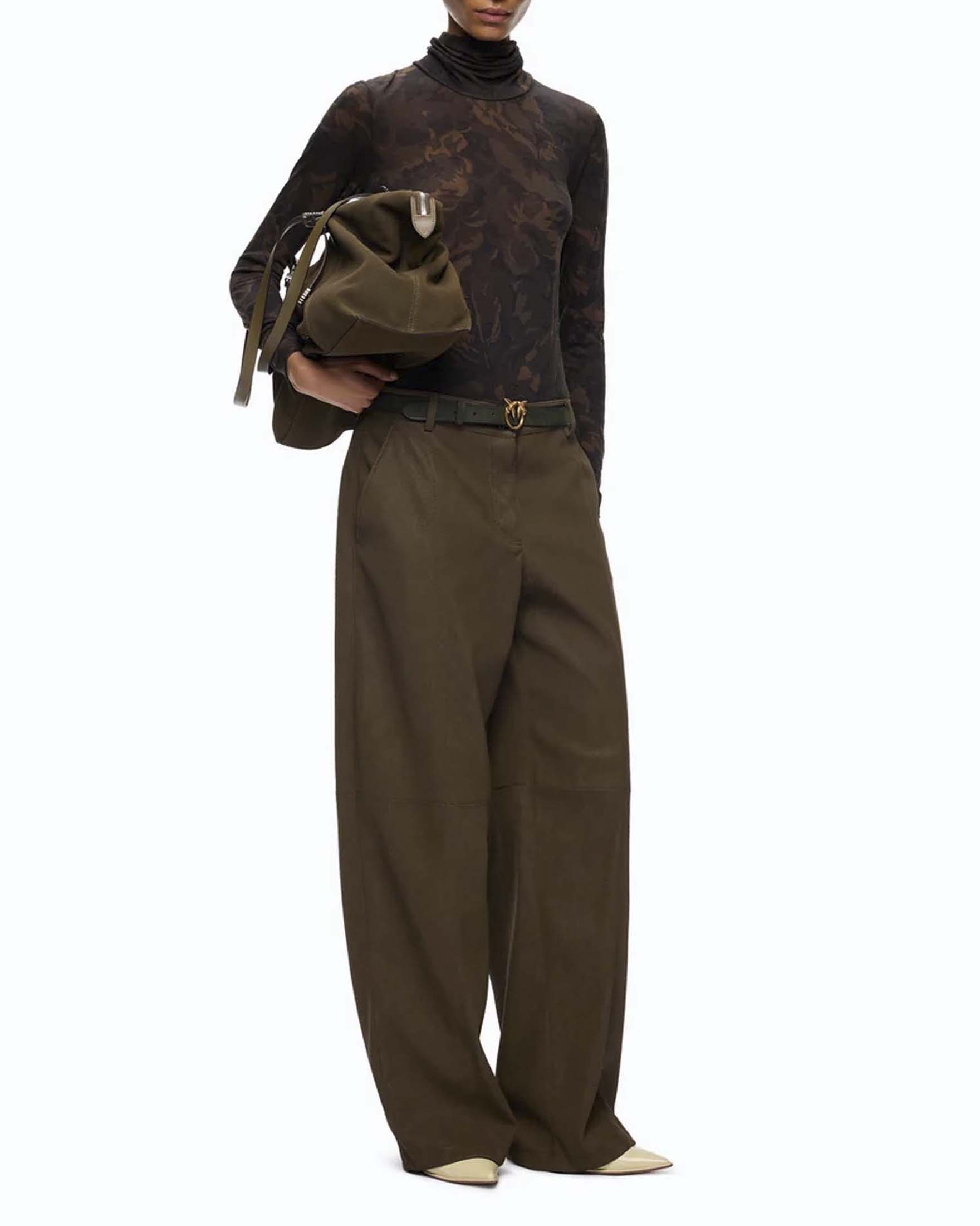 Pantaloni barrel Pinko color khaki in tessuto effetto nabuk con passanti da cintura e tasche