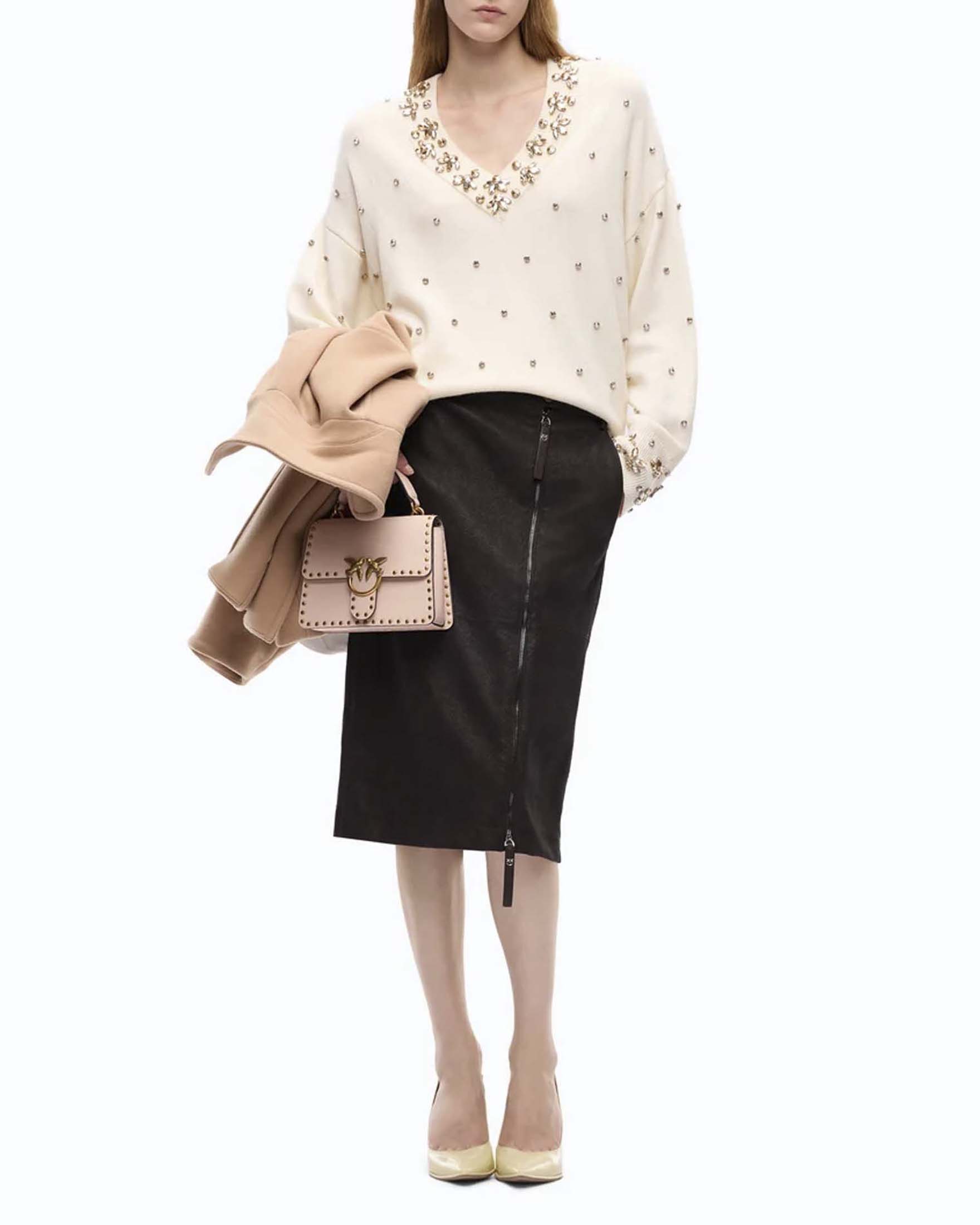 Maglia scollo a V Pinko bianca in lana e cashmere con castoni ricamati e bordi a coste