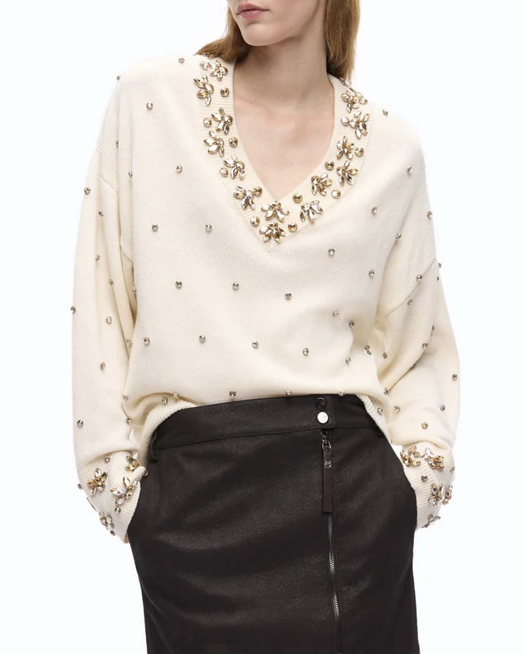 Maglia scollo a V Pinko bianca in lana e cashmere con castoni ricamati e bordi a coste image