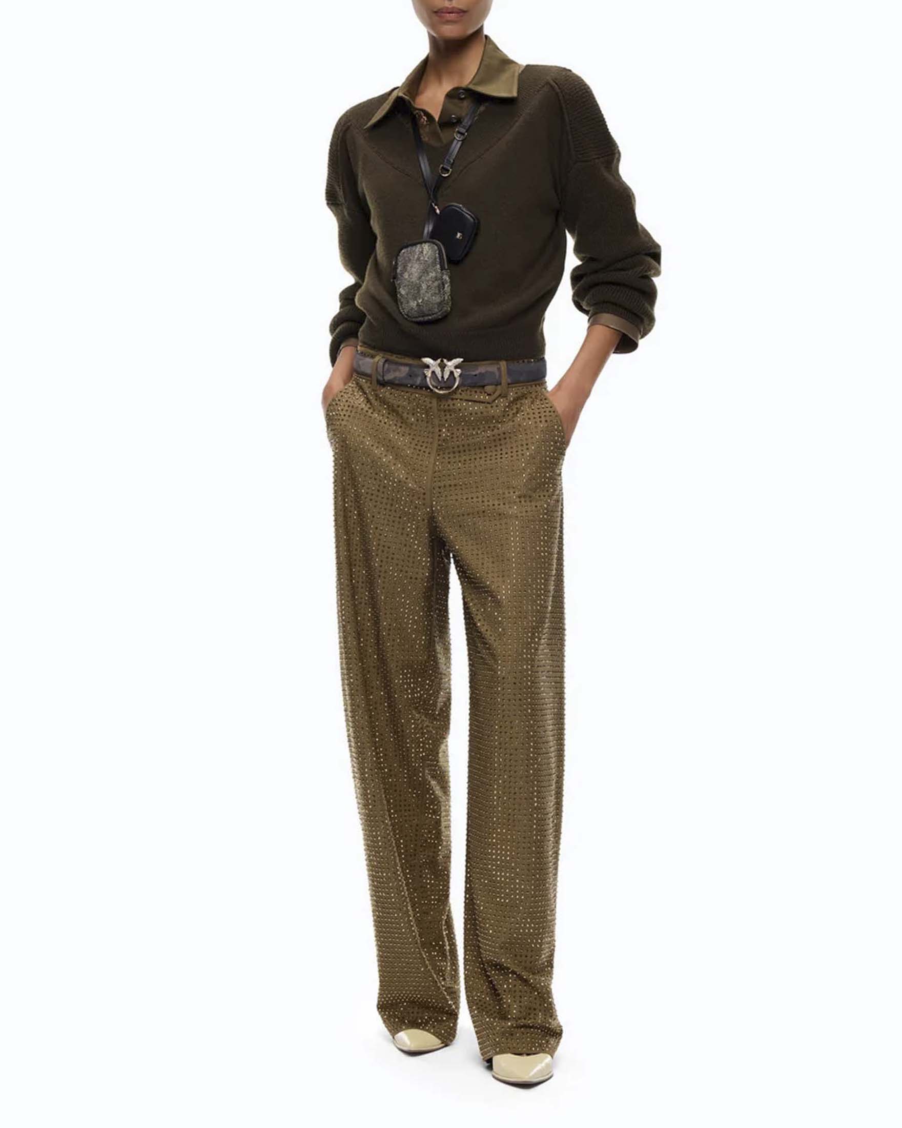 Maglia cropped Pinko verde militare in pura lana con maniche a palloncino e scollo a V image