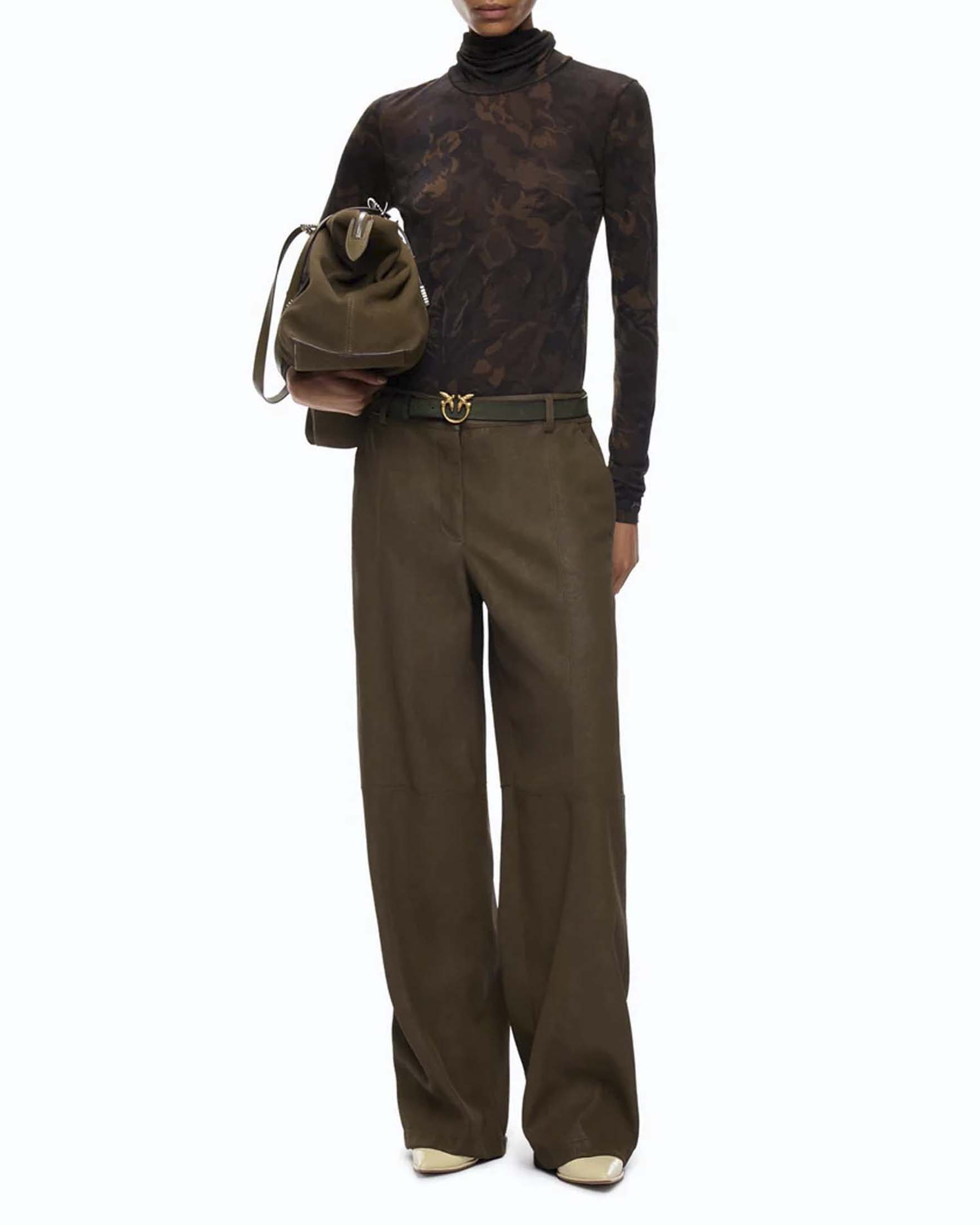 Maglia dolcevita semitrasparente Pinko color khaki e nera in jersey misto lana con stampa camouflage image
