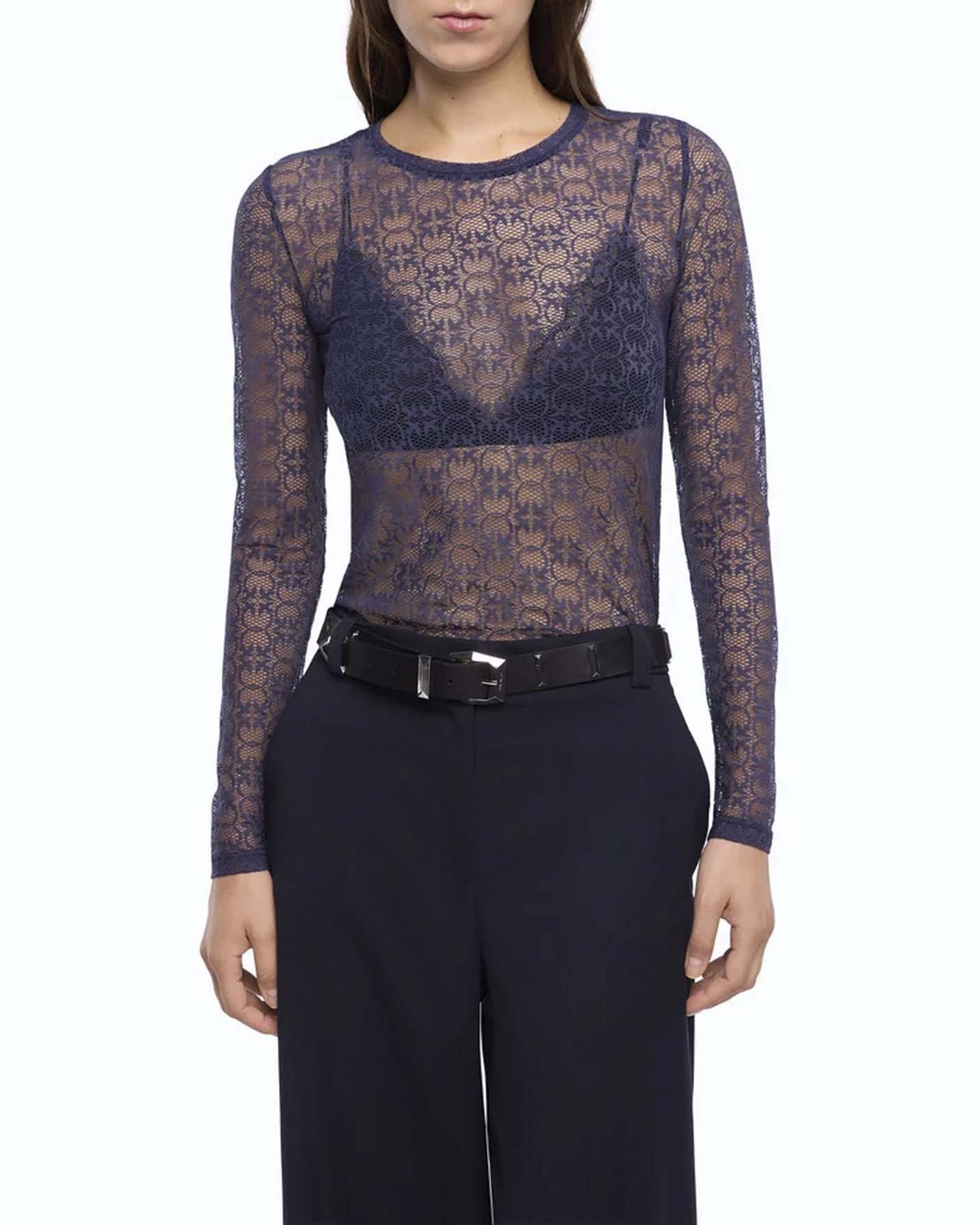Maglia maniche lunghe Pinko blu in pizzo stretch con logo Love Birds all over