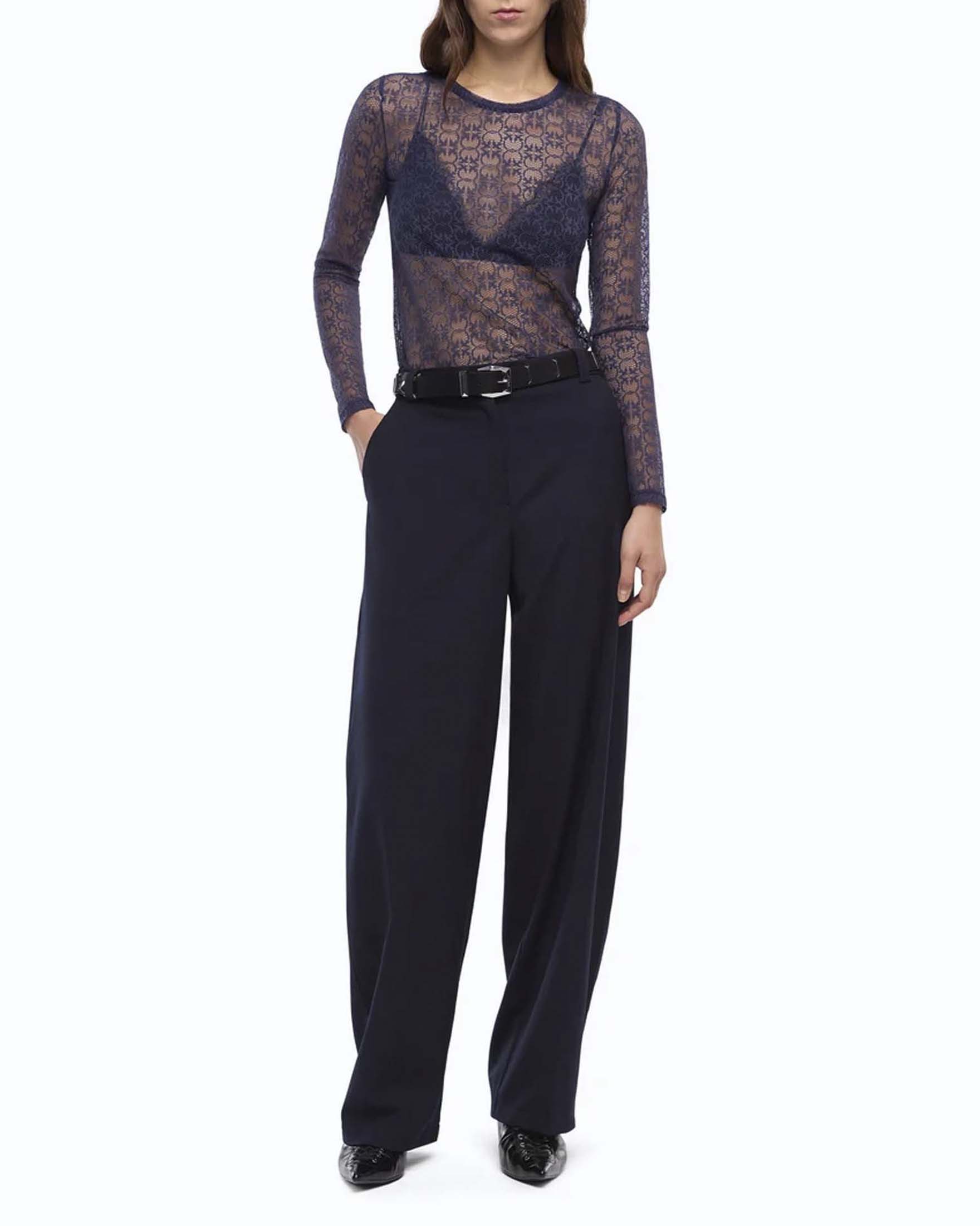 Maglia maniche lunghe Pinko blu in pizzo stretch con logo Love Birds all over image