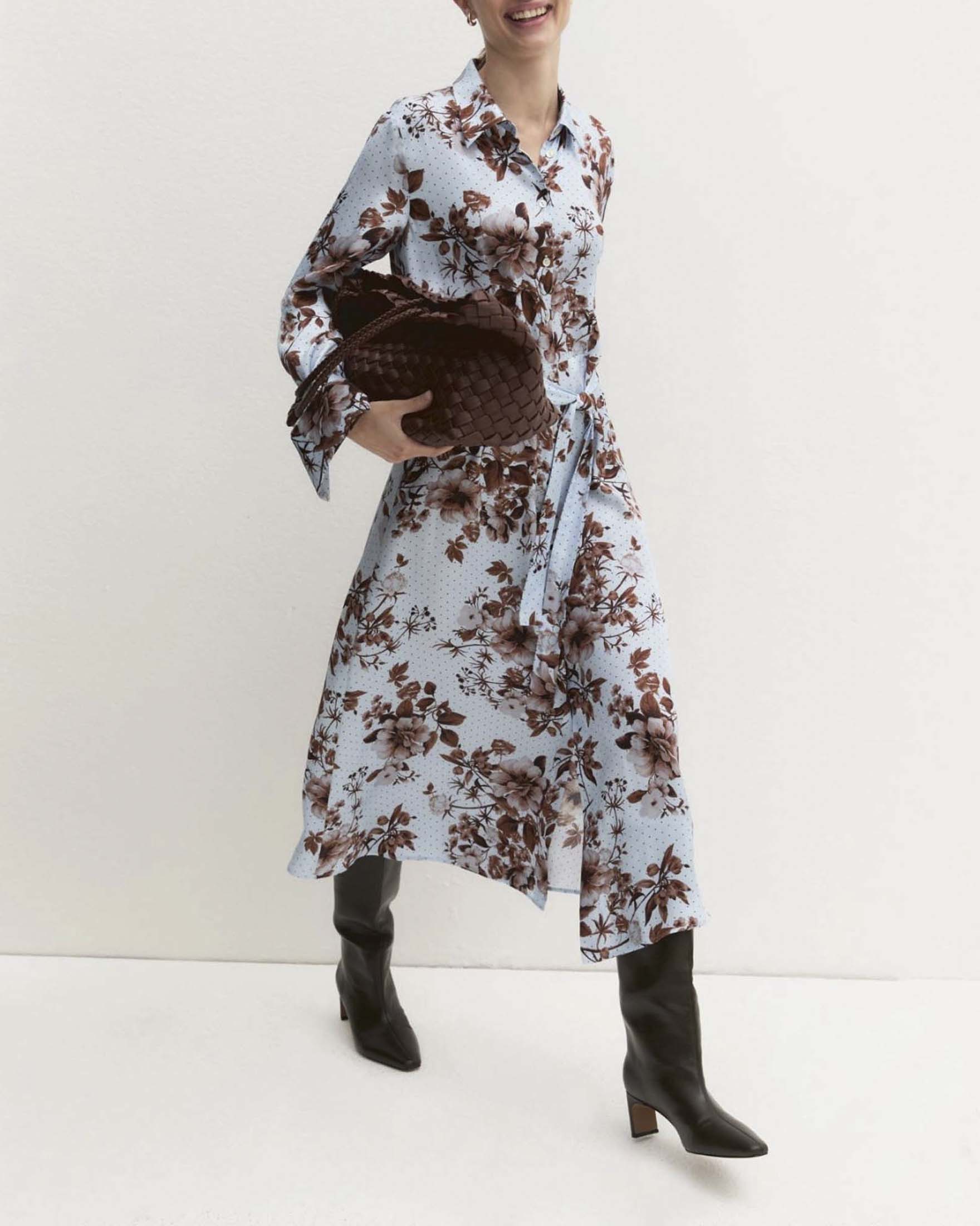 Abito midi chemisier Emme Marella azzurro in raso di viscosa con cintura a stampa fiori bordeaux