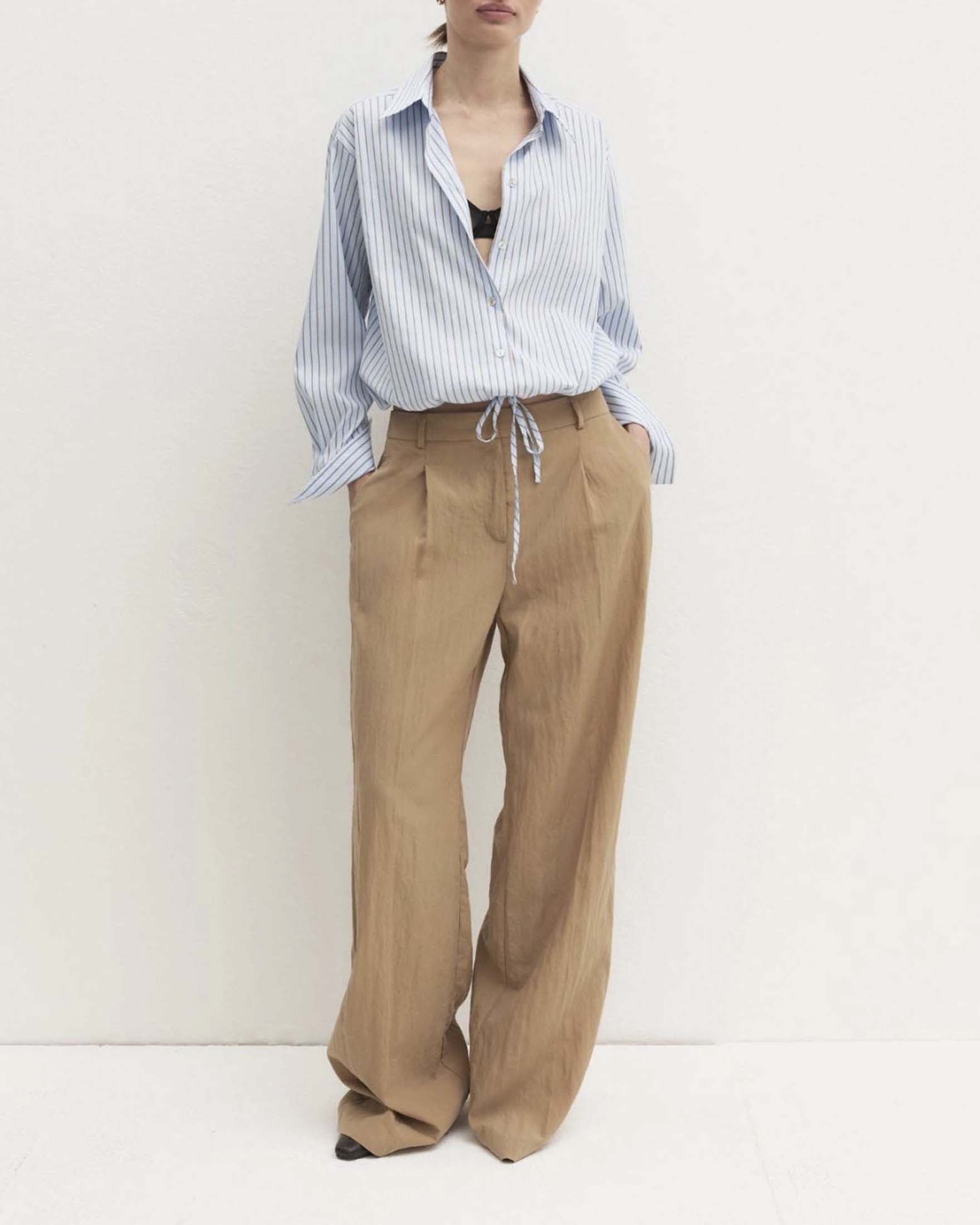 Camicia balloon Emme Marella azzurra in popeline di cotone stretch a righe beige con coulisse image