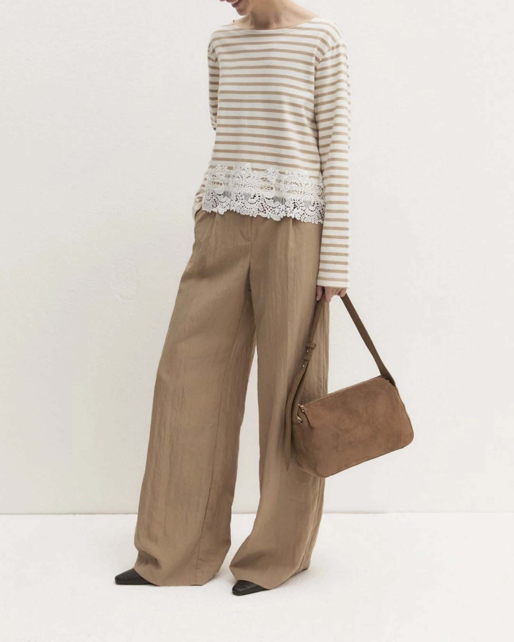 T-shirt marinière Emme Marella avorio e beige in jersey di cotone con pizzo macramè