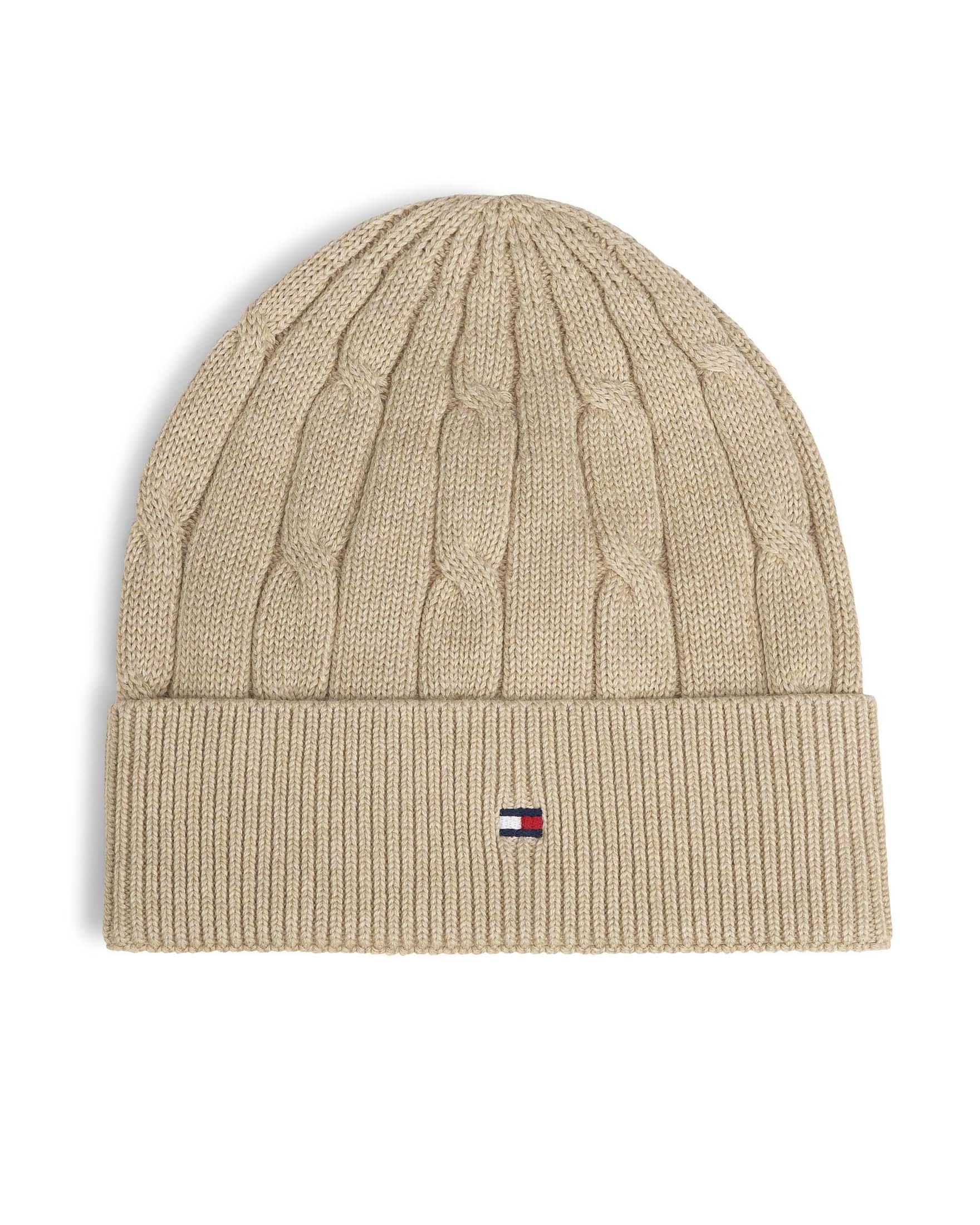 Berretto Tommy Hilfiger beige a trecce con mini bandiera logo icon