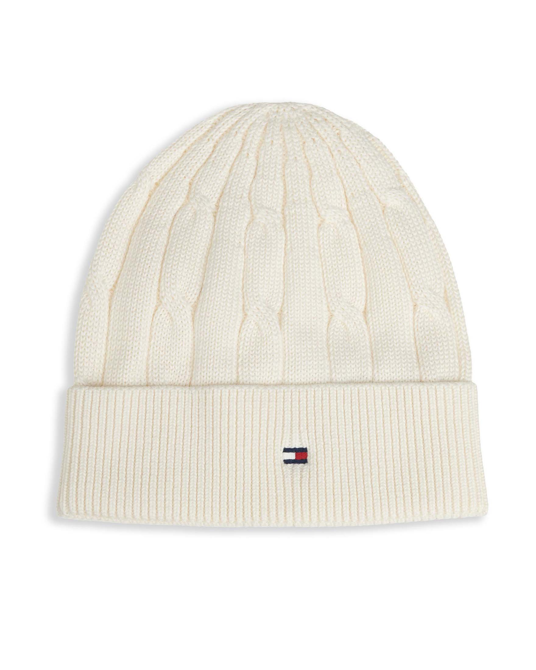 Berretto Tommy Hilfiger bianco panna a trecce con mini bandiera logo icon