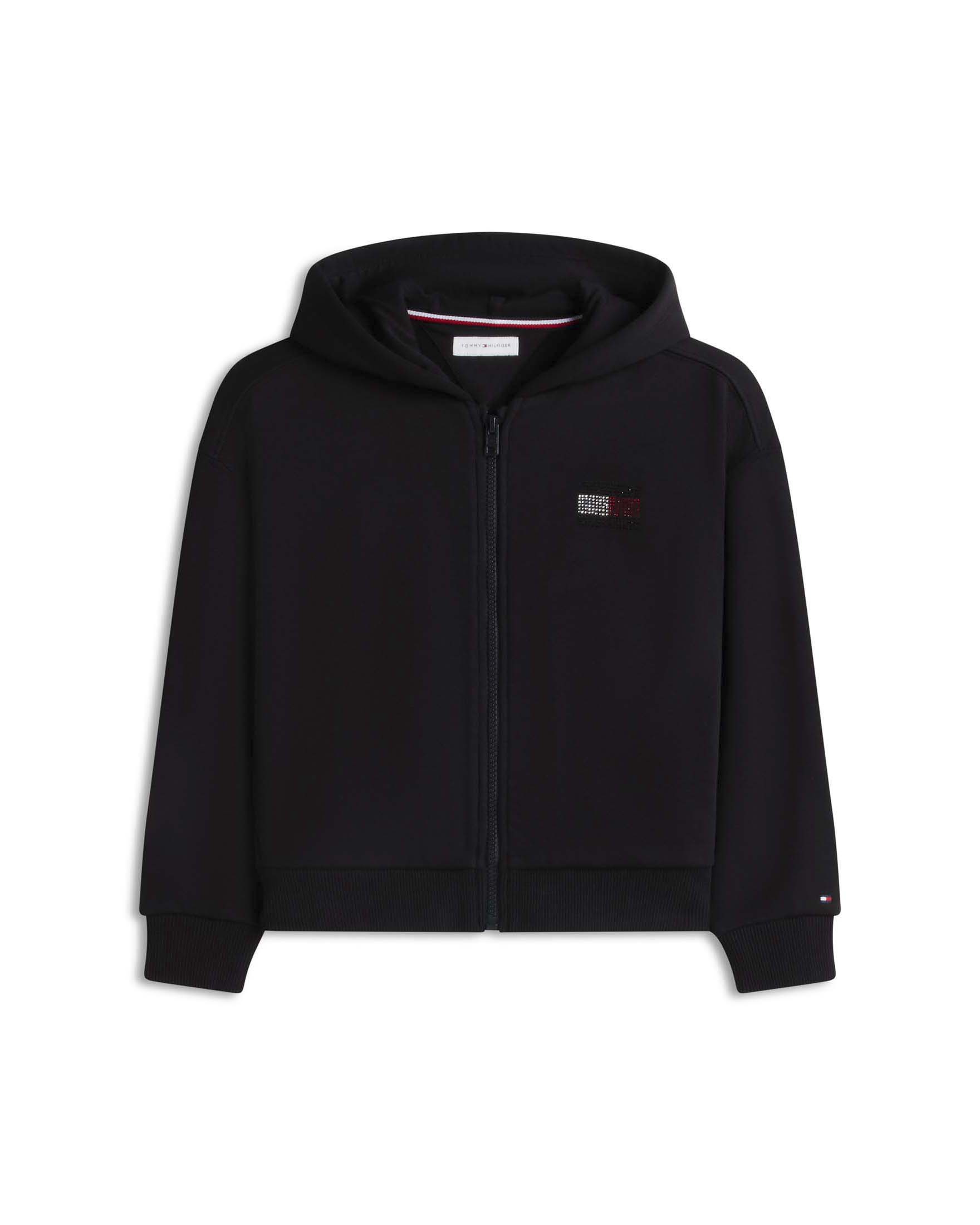 Felpa nera Tommy Hilfiger con zip e cappuccio con bandiera logo strass