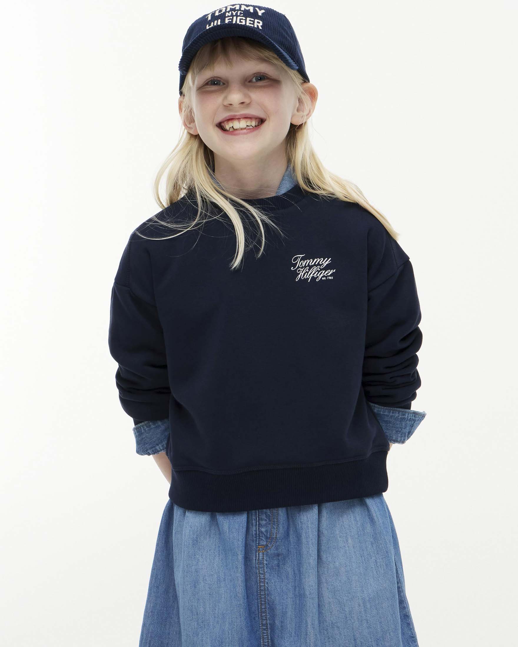 Felpa blu Tommy Hilfiger in puro cotone con scritta logo bianca