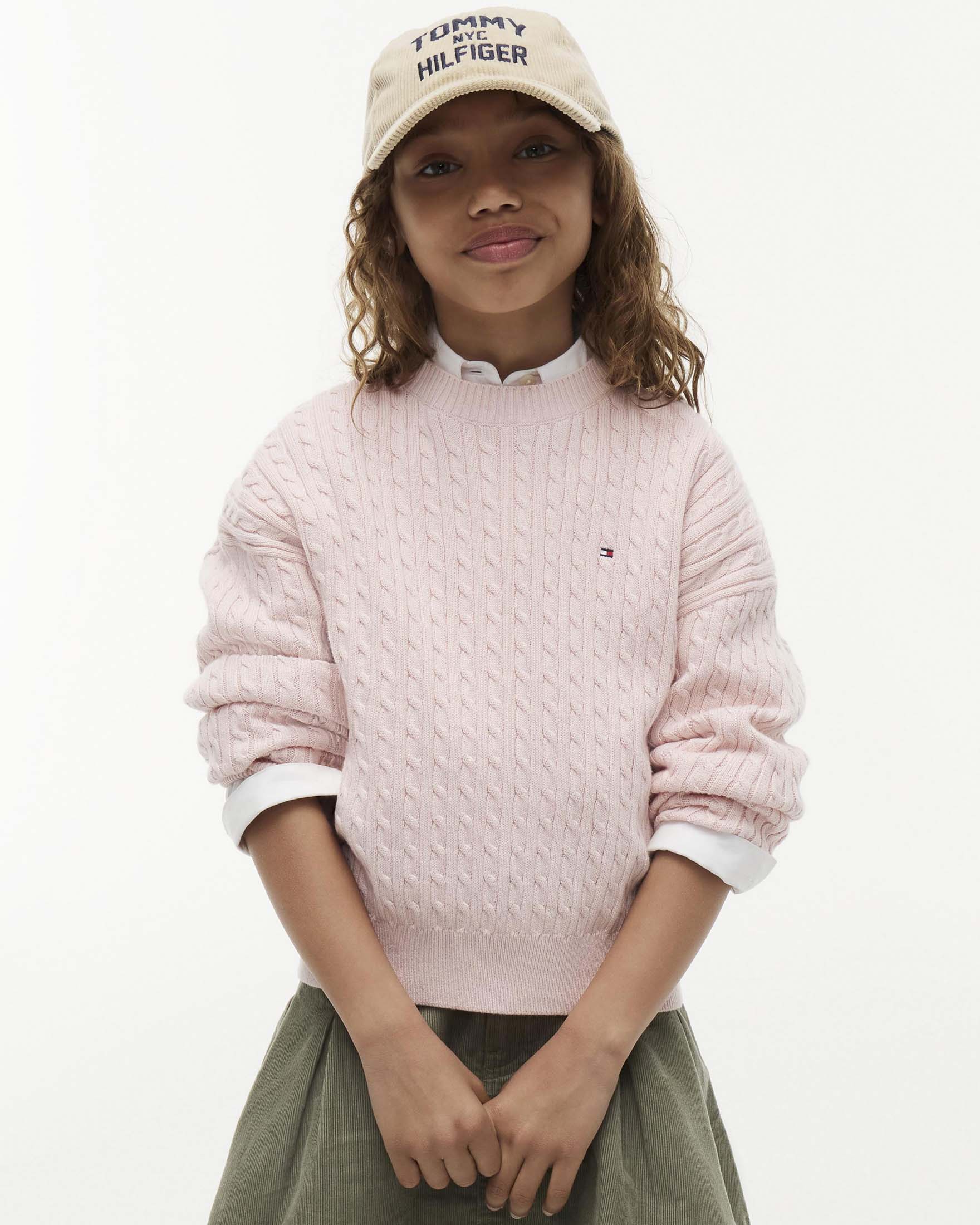 Maglioncino rosa Tommy Hilfiger in cotone a trecce con bandiera logo icon