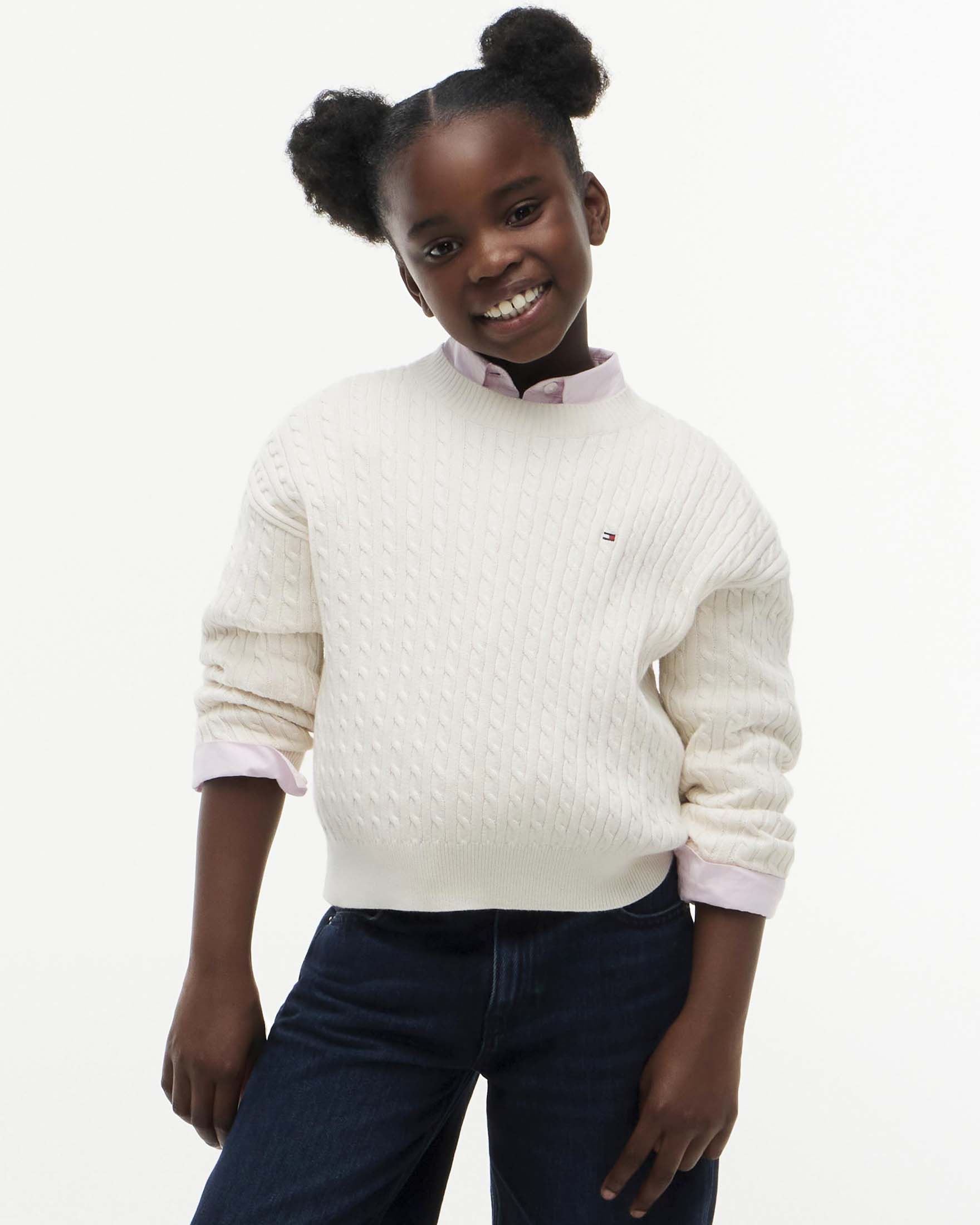 Maglioncino bianco panna Tommy Hilfiger in cotone a trecce con bandiera logo icon